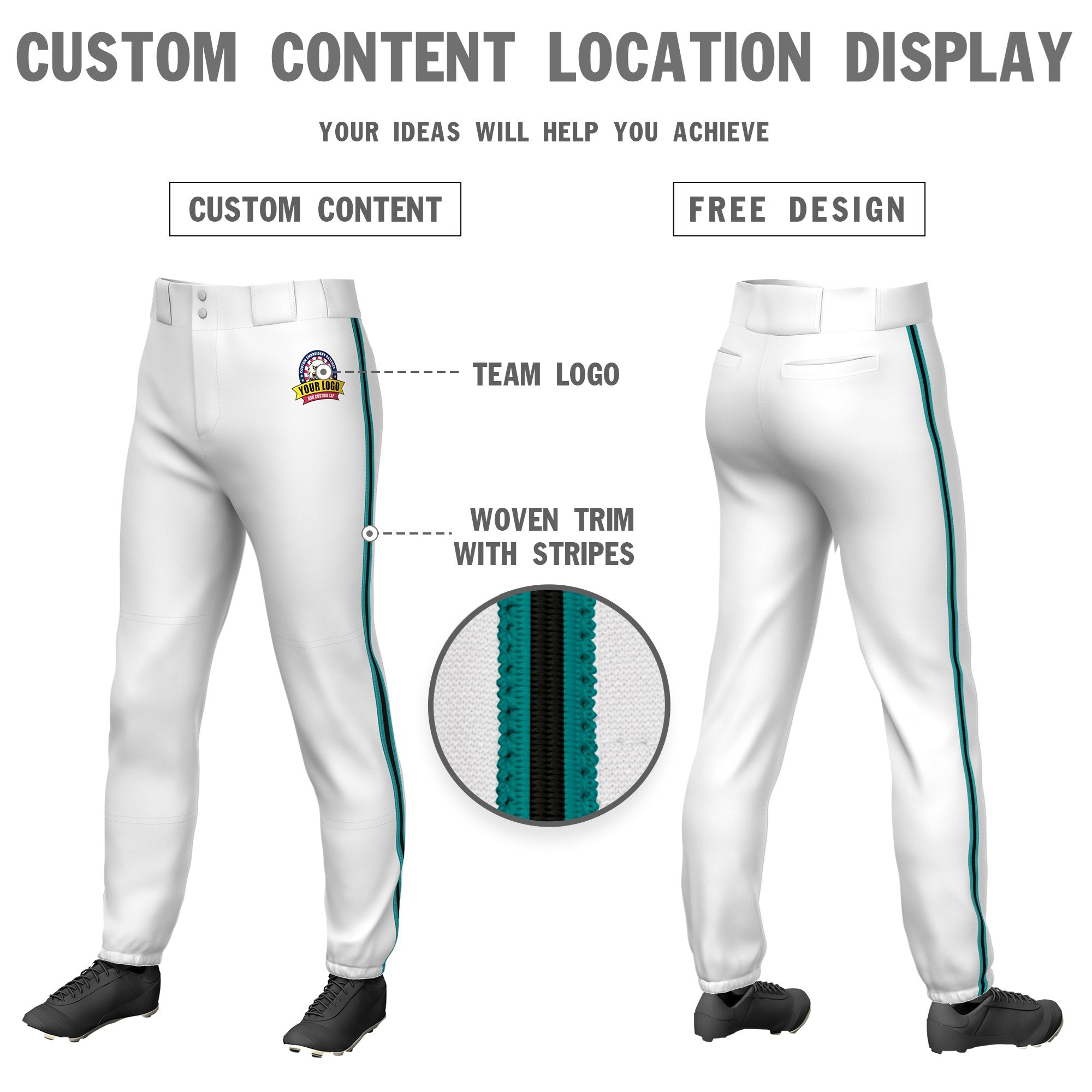 Custom White Aqua-Black-Aqua Classic Fit Stretch Practice Pull-up Baseball Pants