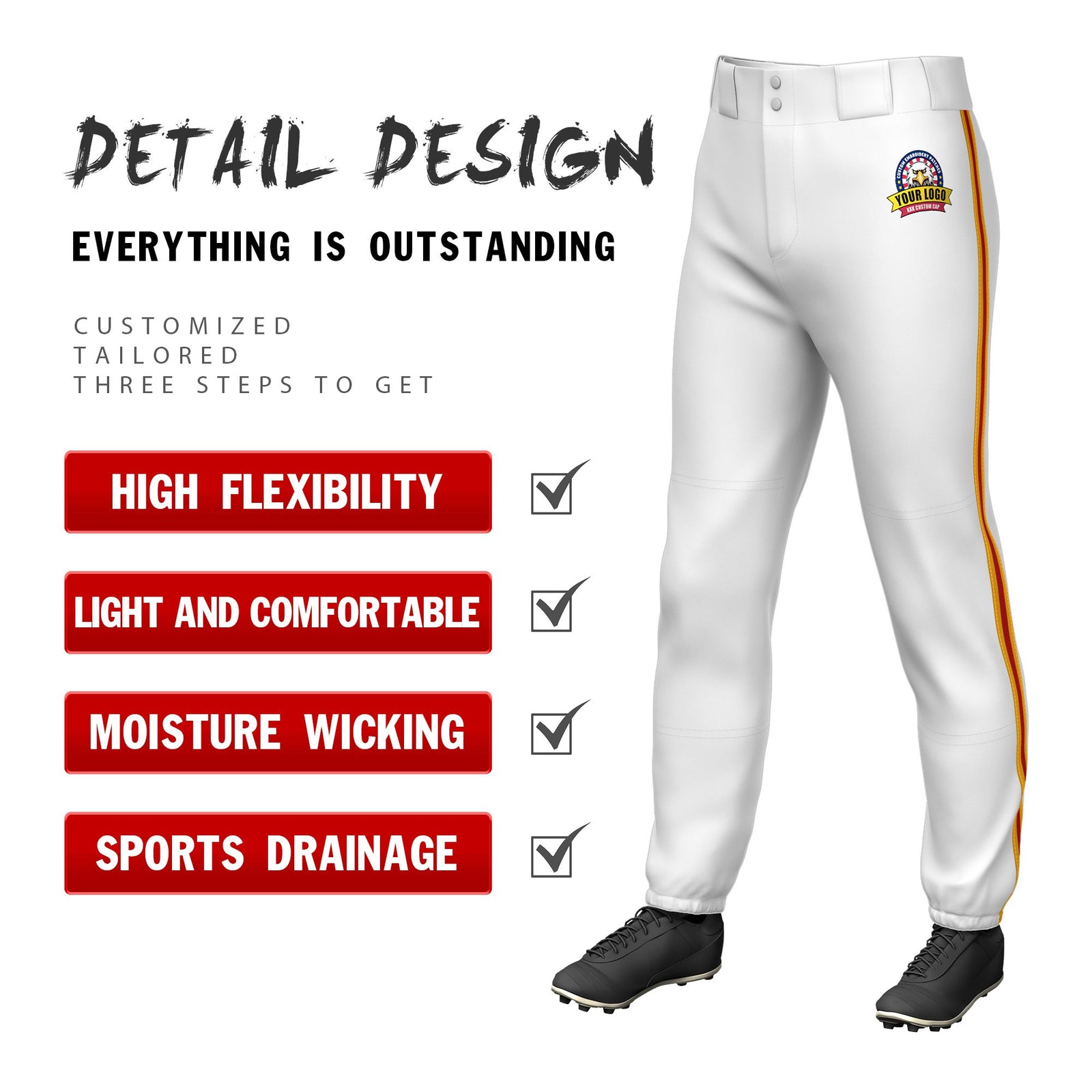 Custom White Yellow-Red-Yellow Classic Fit Stretch Practice Pull-up Baseball Pants