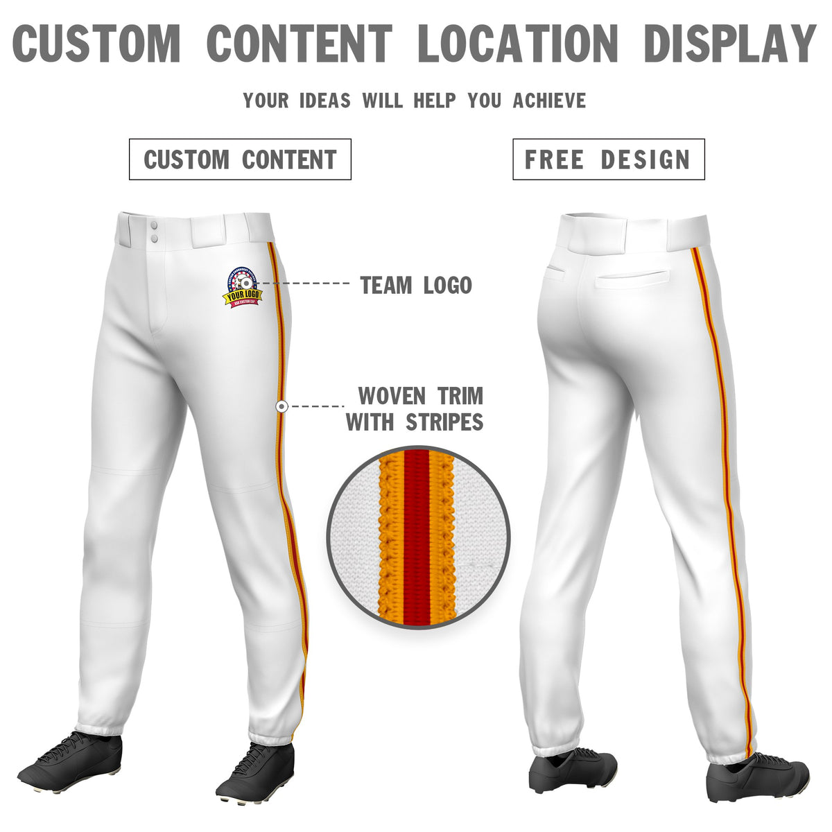 Custom White Yellow-Red-Yellow Classic Fit Stretch Practice Pull-up Baseball Pants