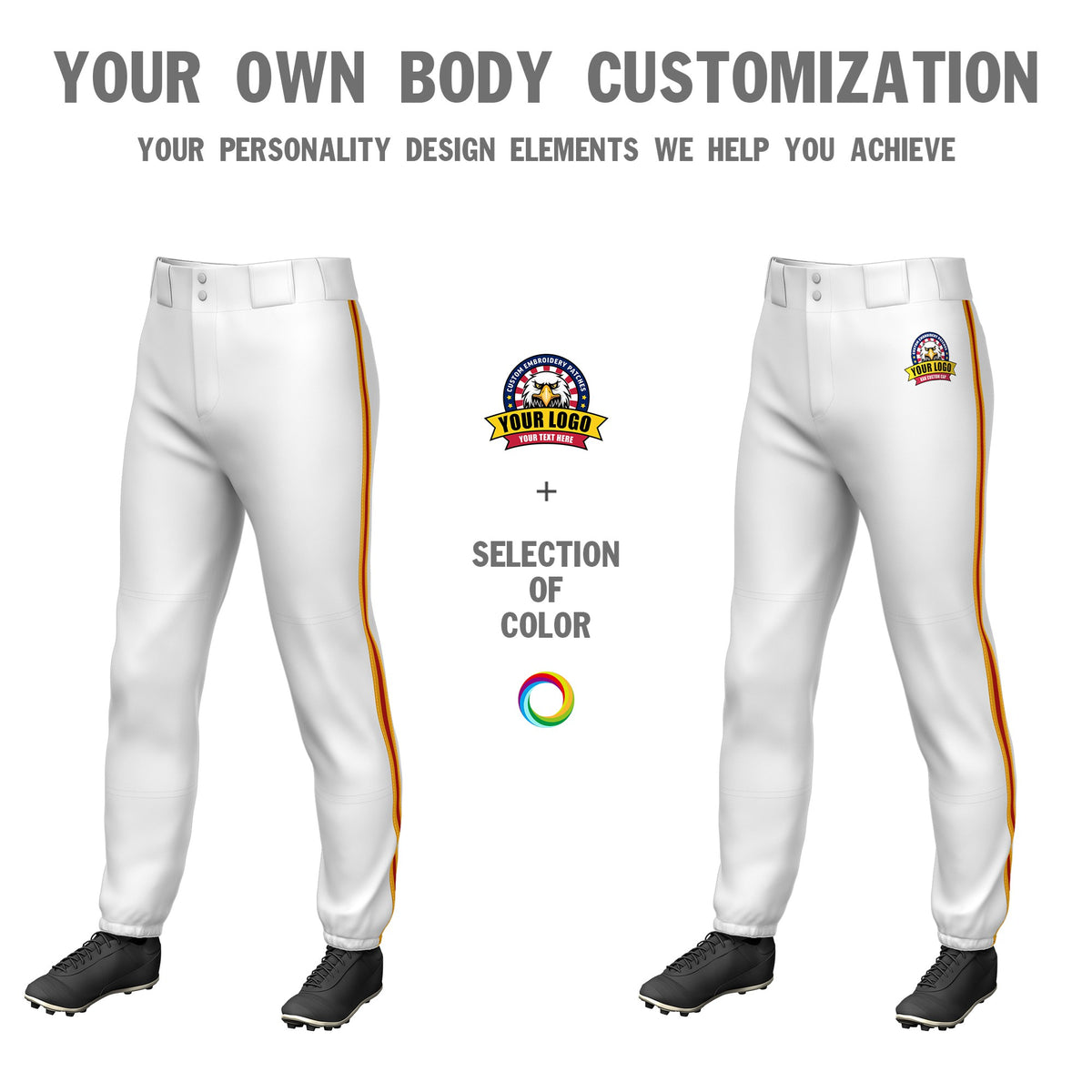 Custom White Yellow-Red-Yellow Classic Fit Stretch Practice Pull-up Baseball Pants
