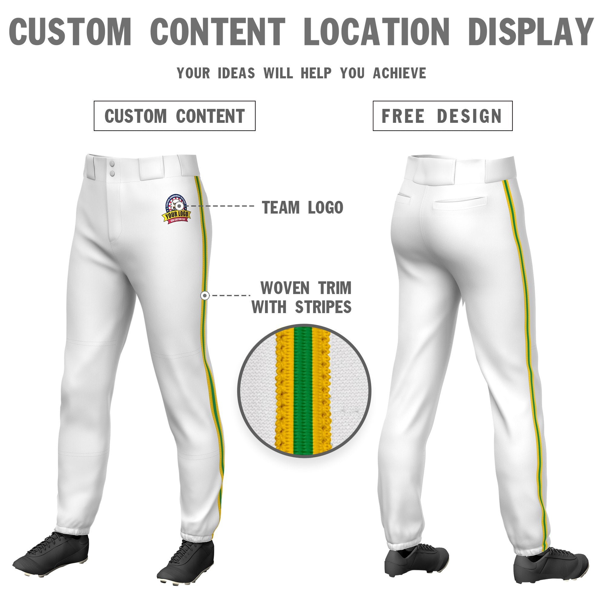 Custom White Gold01-Kelly Green-Gold01 Classic Fit Stretch Practice Pull-up Baseball Pants