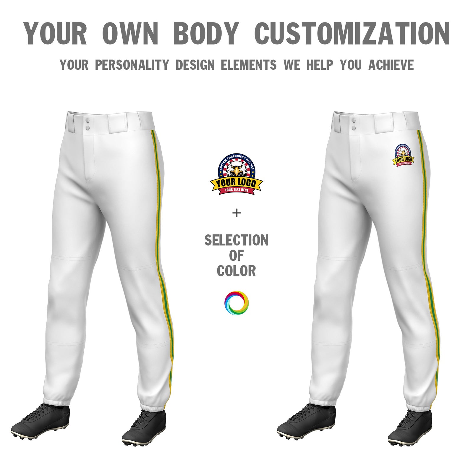 Custom White Gold01-Kelly Green-Gold01 Classic Fit Stretch Practice Pull-up Baseball Pants