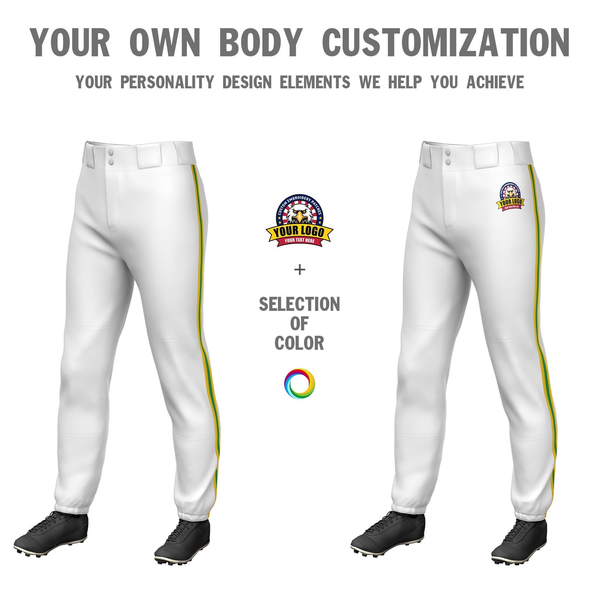 Custom White Gold01-Kelly Green-Gold01 Classic Fit Stretch Practice Pull-up Baseball Pants