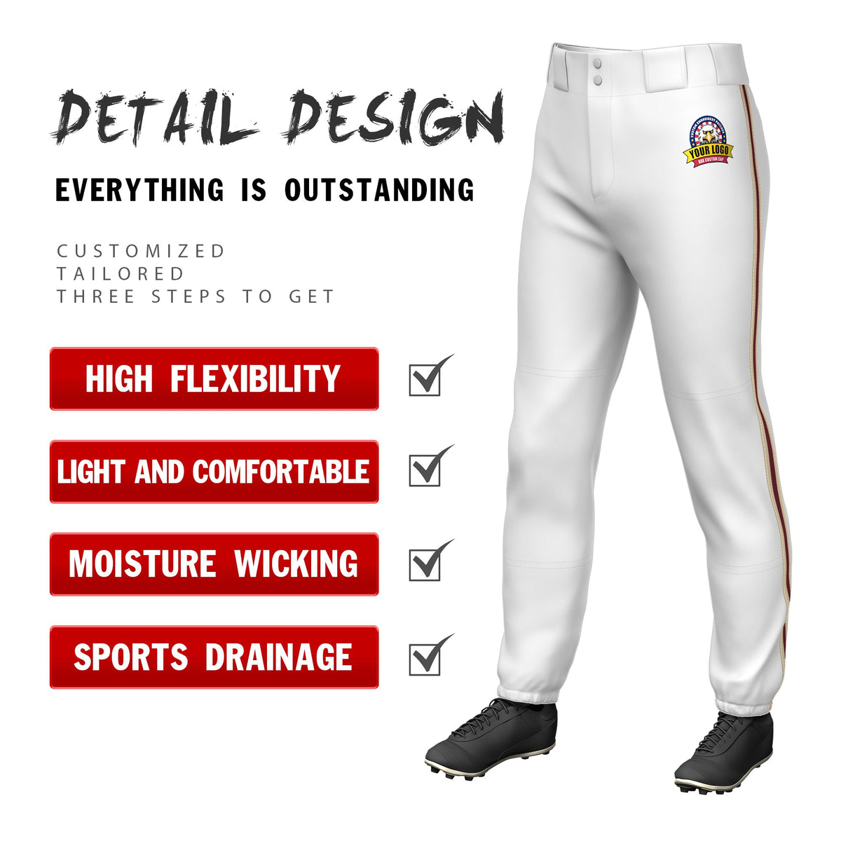 Custom White Khaki-Crimson-Khaki Classic Fit Stretch Practice Pull-up Baseball Pants