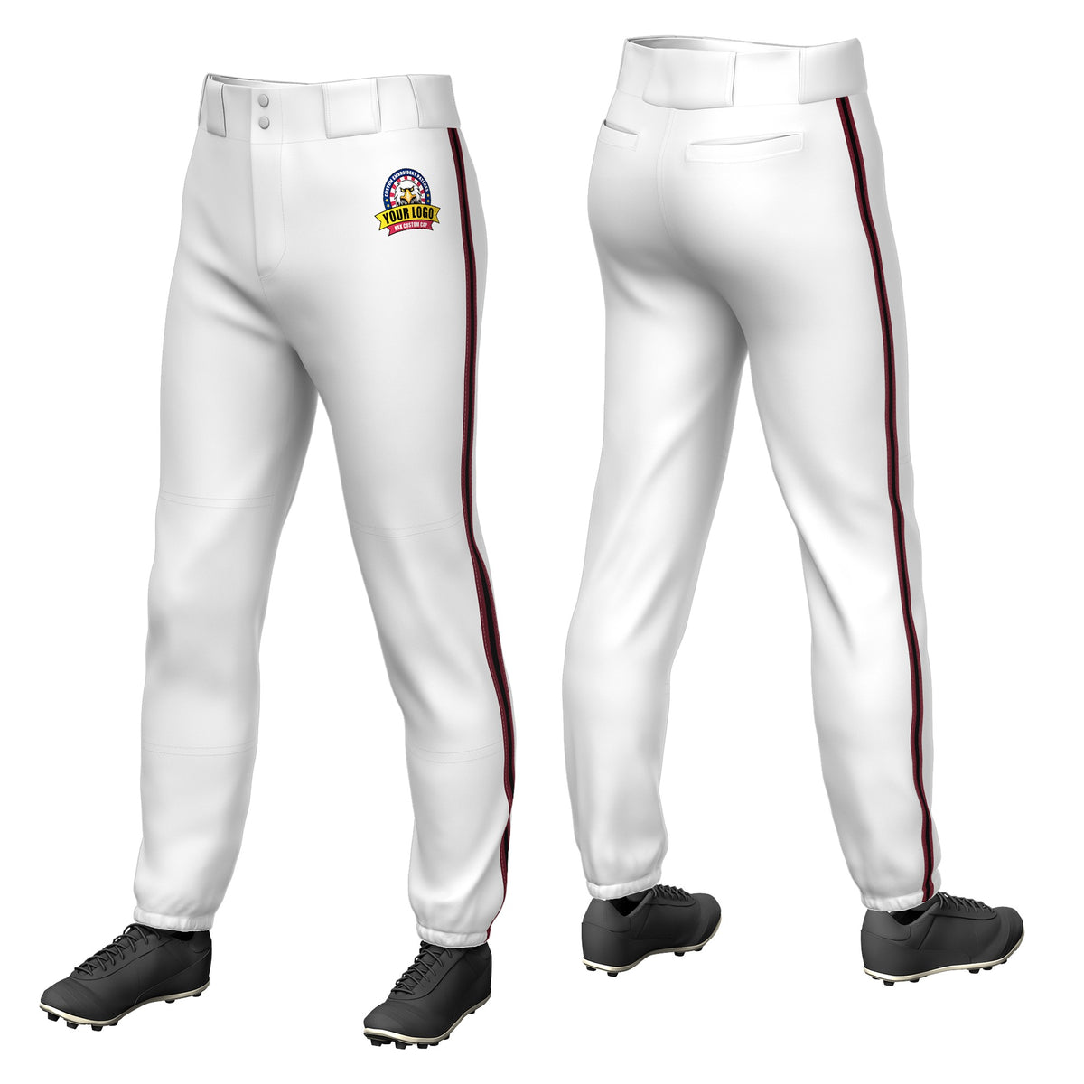 Custom White Crimson-Black-Crimson Classic Fit Stretch Practice Pull-up Baseball Pants