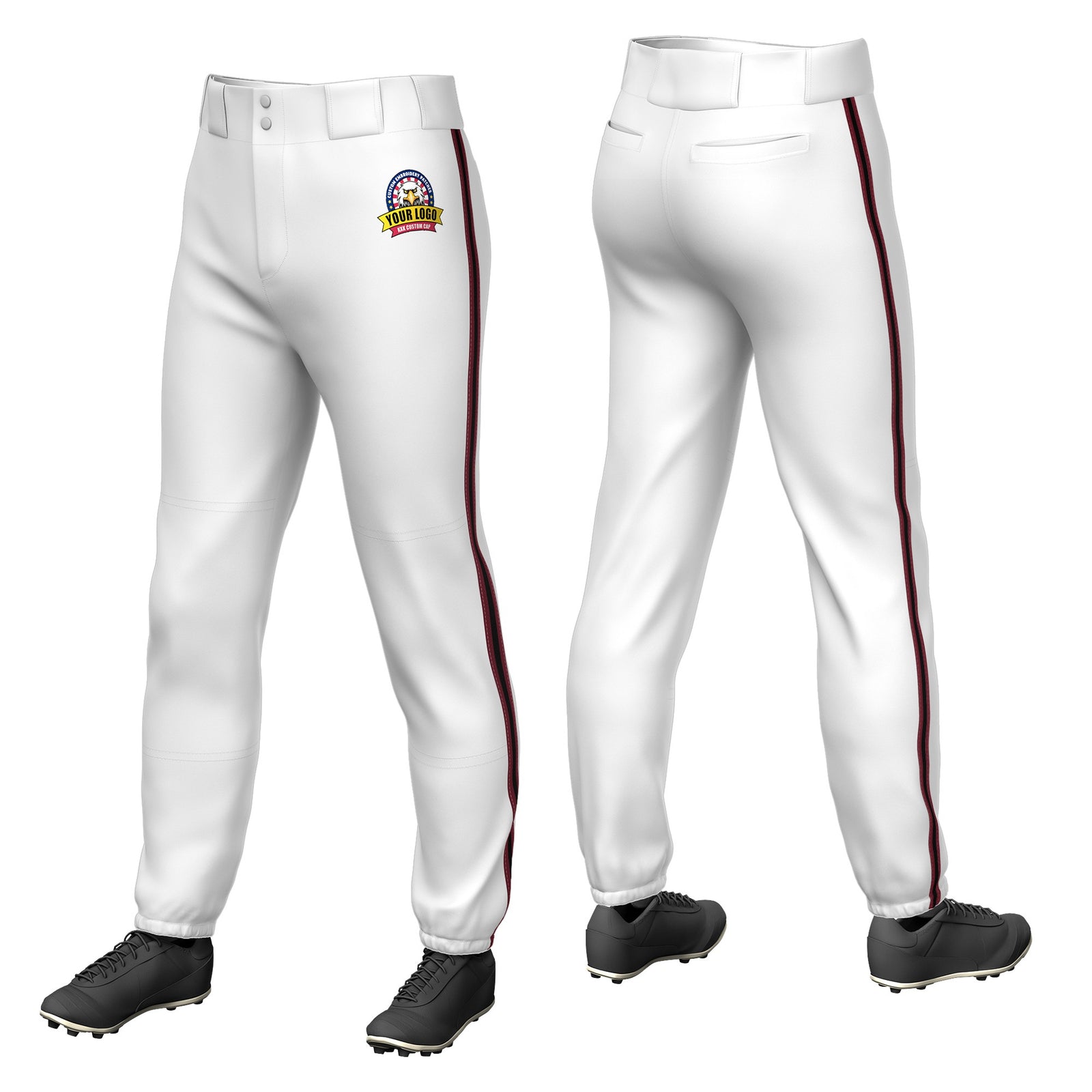 Custom White Crimson-Black-Crimson Classic Fit Stretch Practice Pull-up Baseball Pants