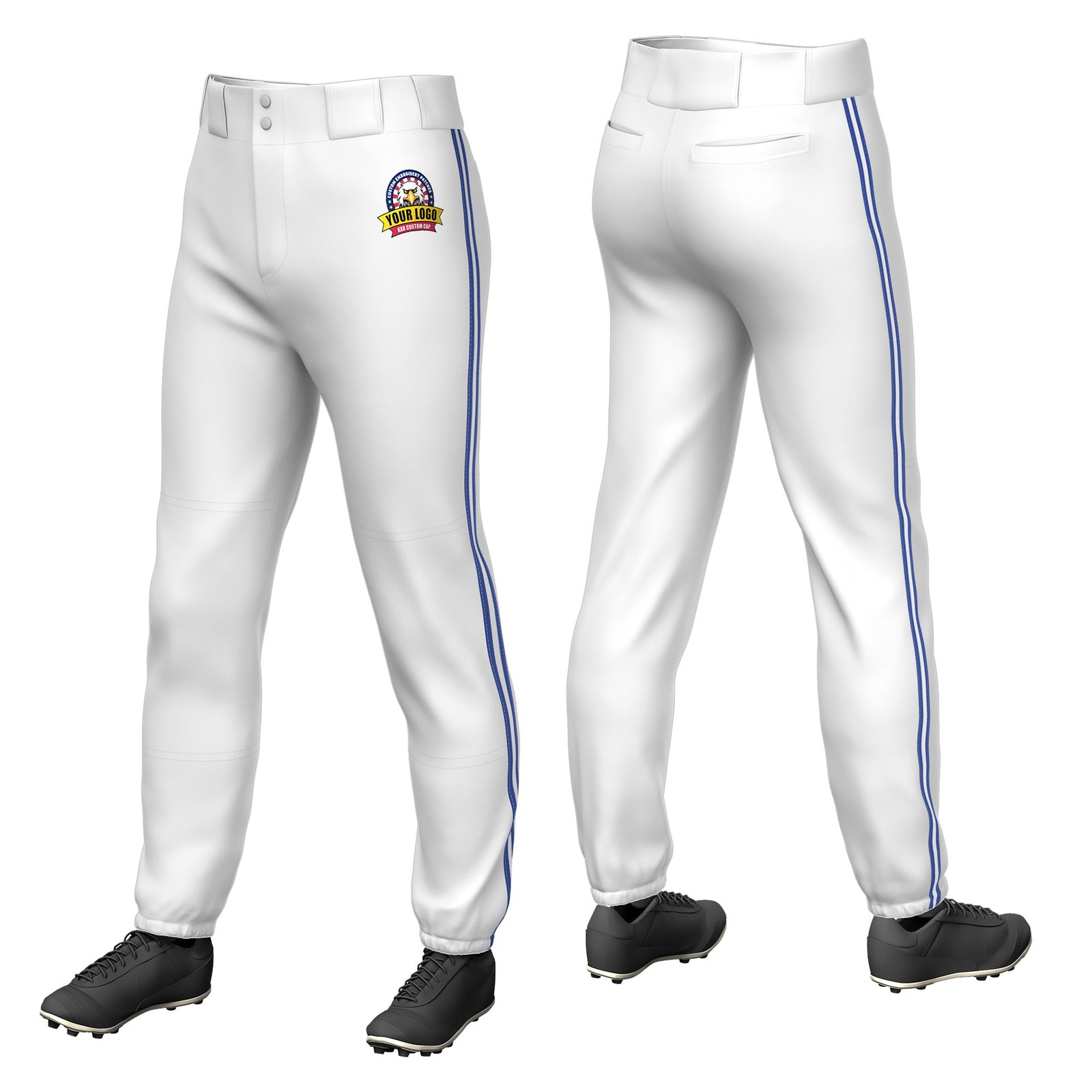 Custom White Royal Blue-White-Royal Blue Classic Fit Stretch Practice Pull-up Baseball Pants