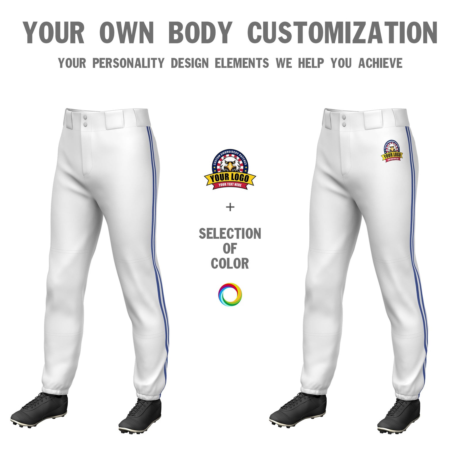 Custom White Royal Blue-White-Royal Blue Classic Fit Stretch Practice Pull-up Baseball Pants