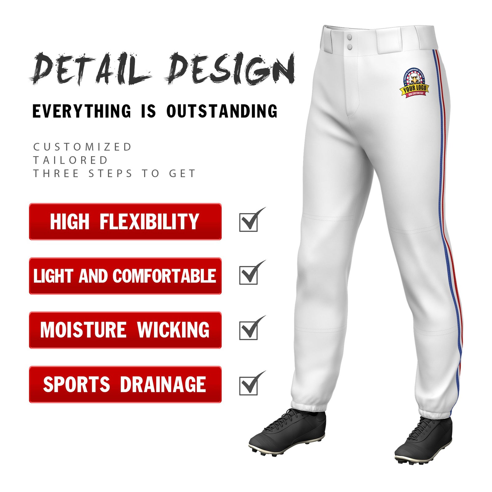 Custom White Royal Blue-White-Red Classic Fit Stretch Practice Pull-up Baseball Pants