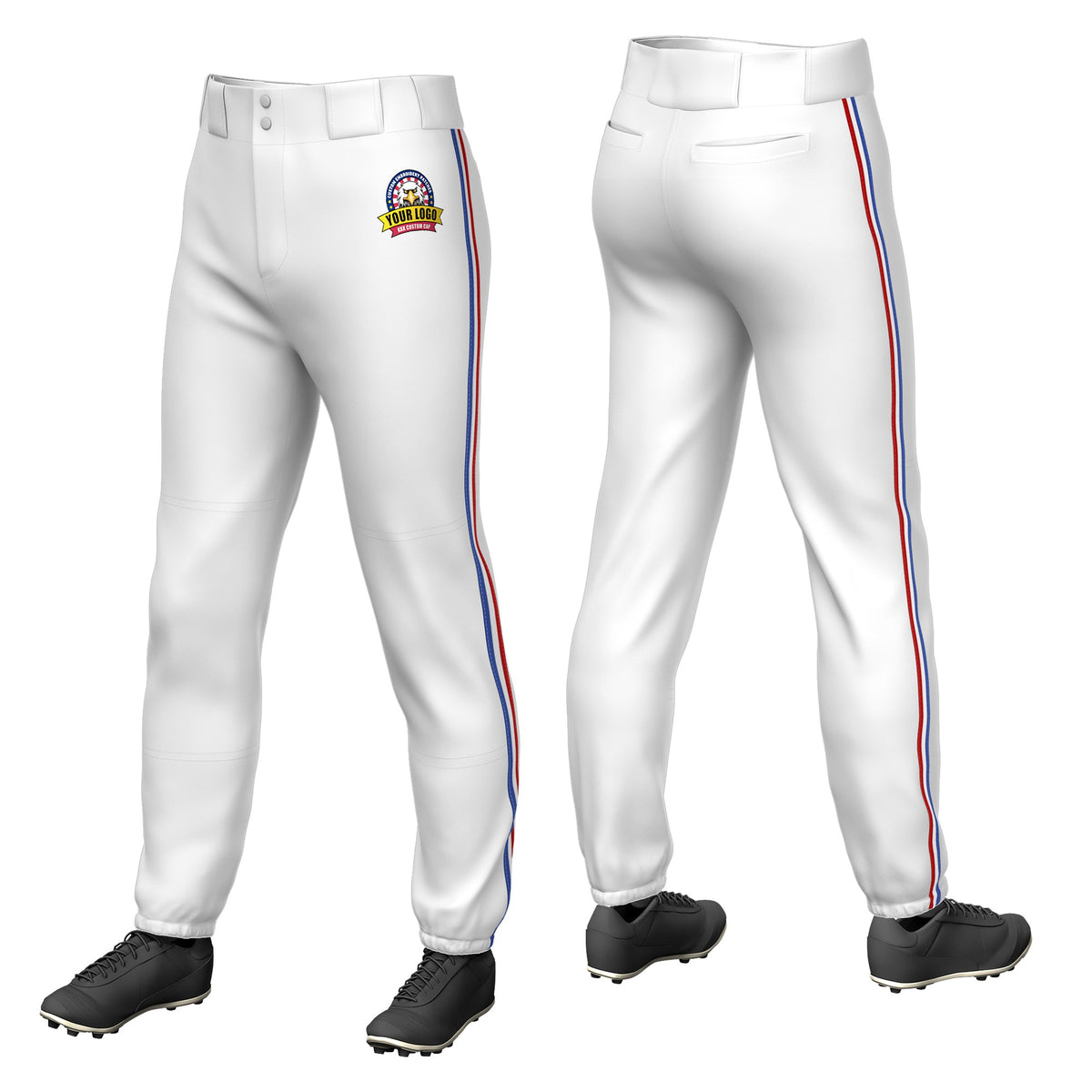 Custom White Royal Blue-White-Red Classic Fit Stretch Practice Pull-up Baseball Pants