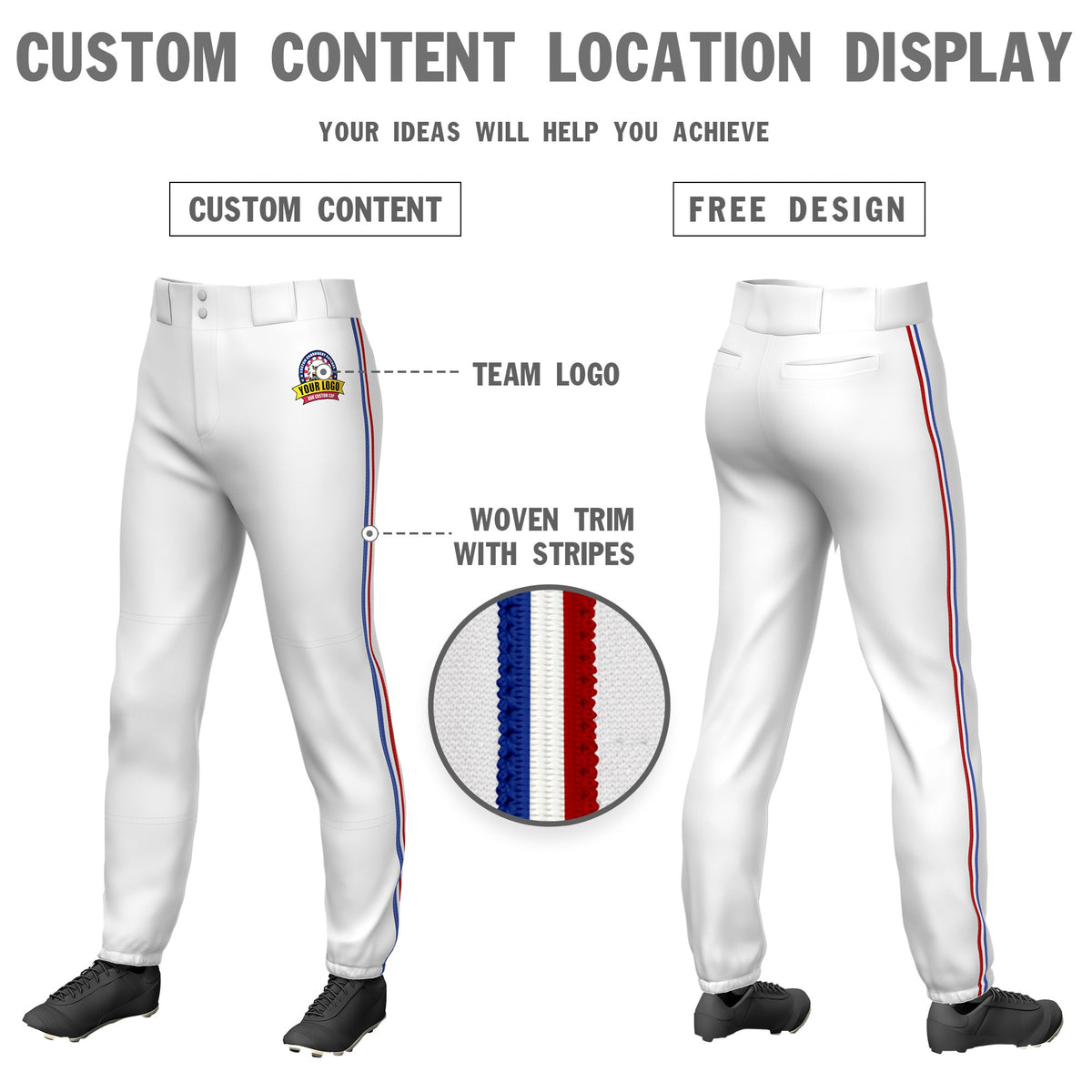 Custom White Royal Blue-White-Red Classic Fit Stretch Practice Pull-up Baseball Pants