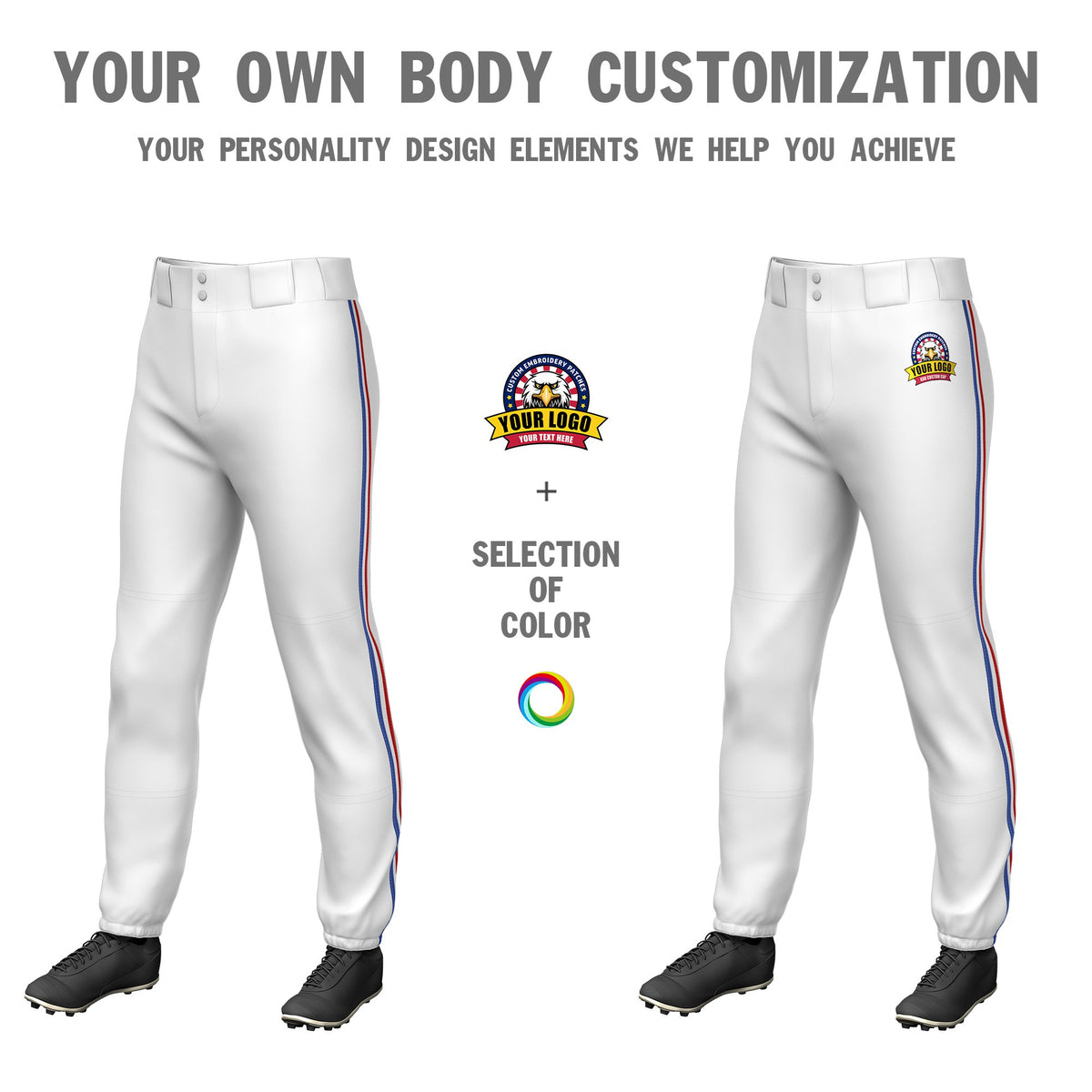 Custom White Royal Blue-White-Red Classic Fit Stretch Practice Pull-up Baseball Pants