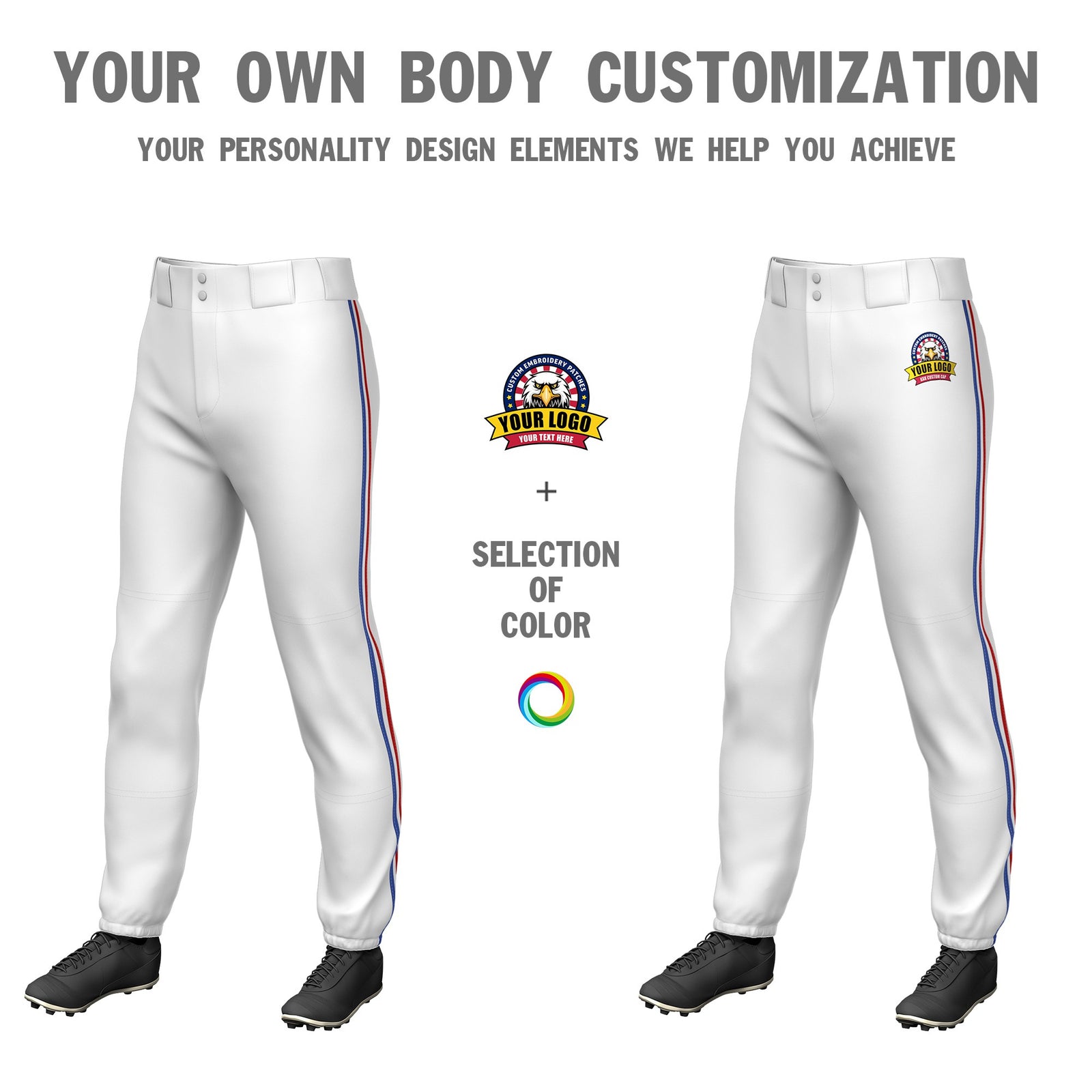 Custom White Royal Blue-White-Red Classic Fit Stretch Practice Pull-up Baseball Pants