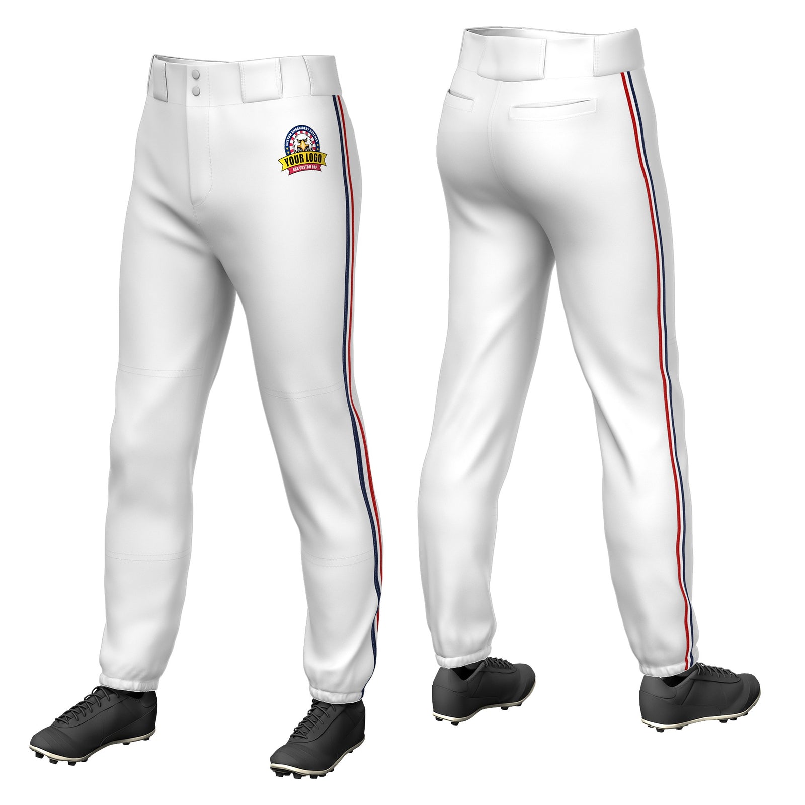 Custom White Navy-White-Red Classic Fit Stretch Practice Pull-up Baseball Pants
