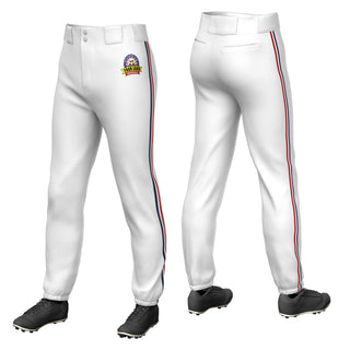 Custom White Navy-White-Red Piping Classic Fit Stretch Practice Pull-up Baseball Pants