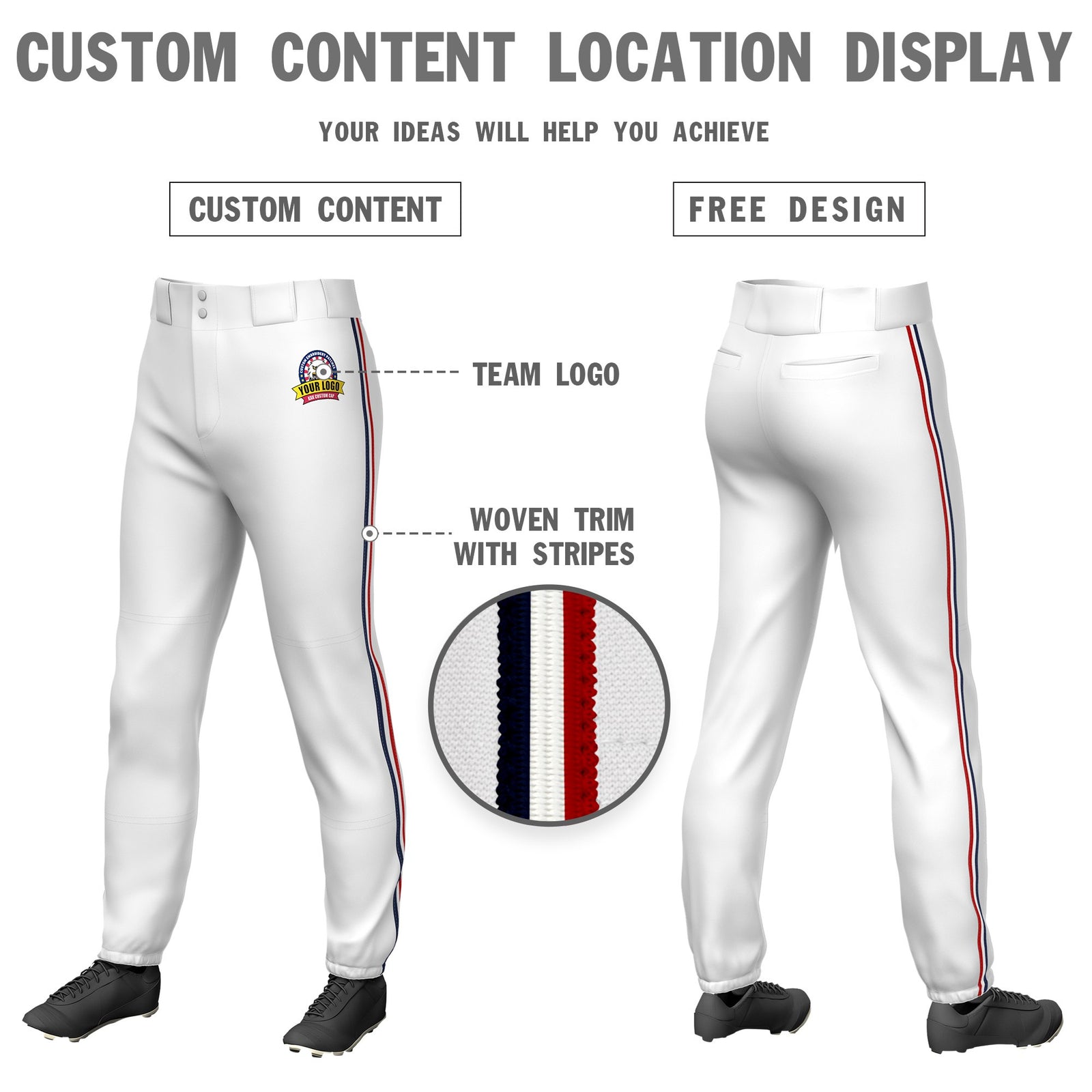 Custom White Navy-White-Red Classic Fit Stretch Practice Pull-up Baseball Pants