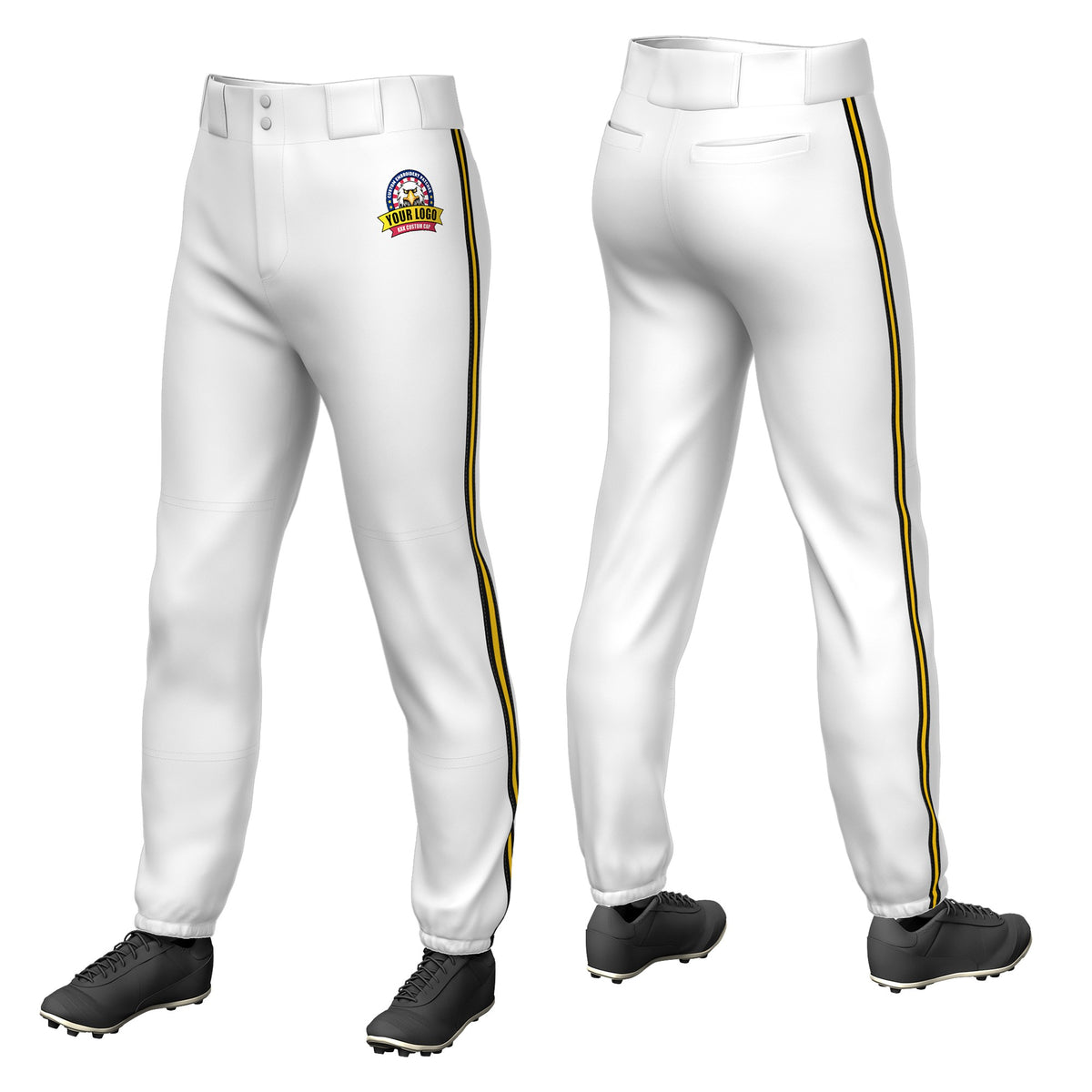 Custom White Black-Gold01-Black Classic Fit Stretch Practice Pull-up Baseball Pants