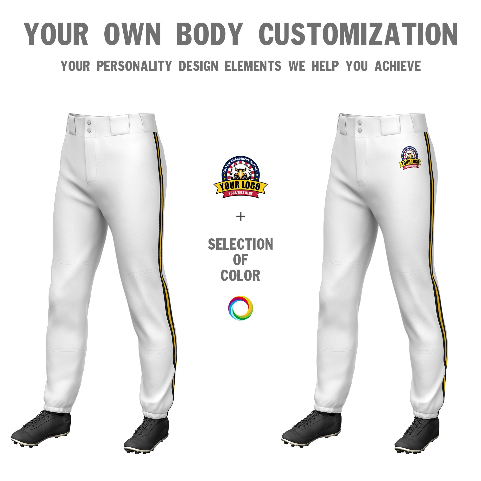 Custom White Black-Gold01-Black Classic Fit Stretch Practice Pull-up Baseball Pants