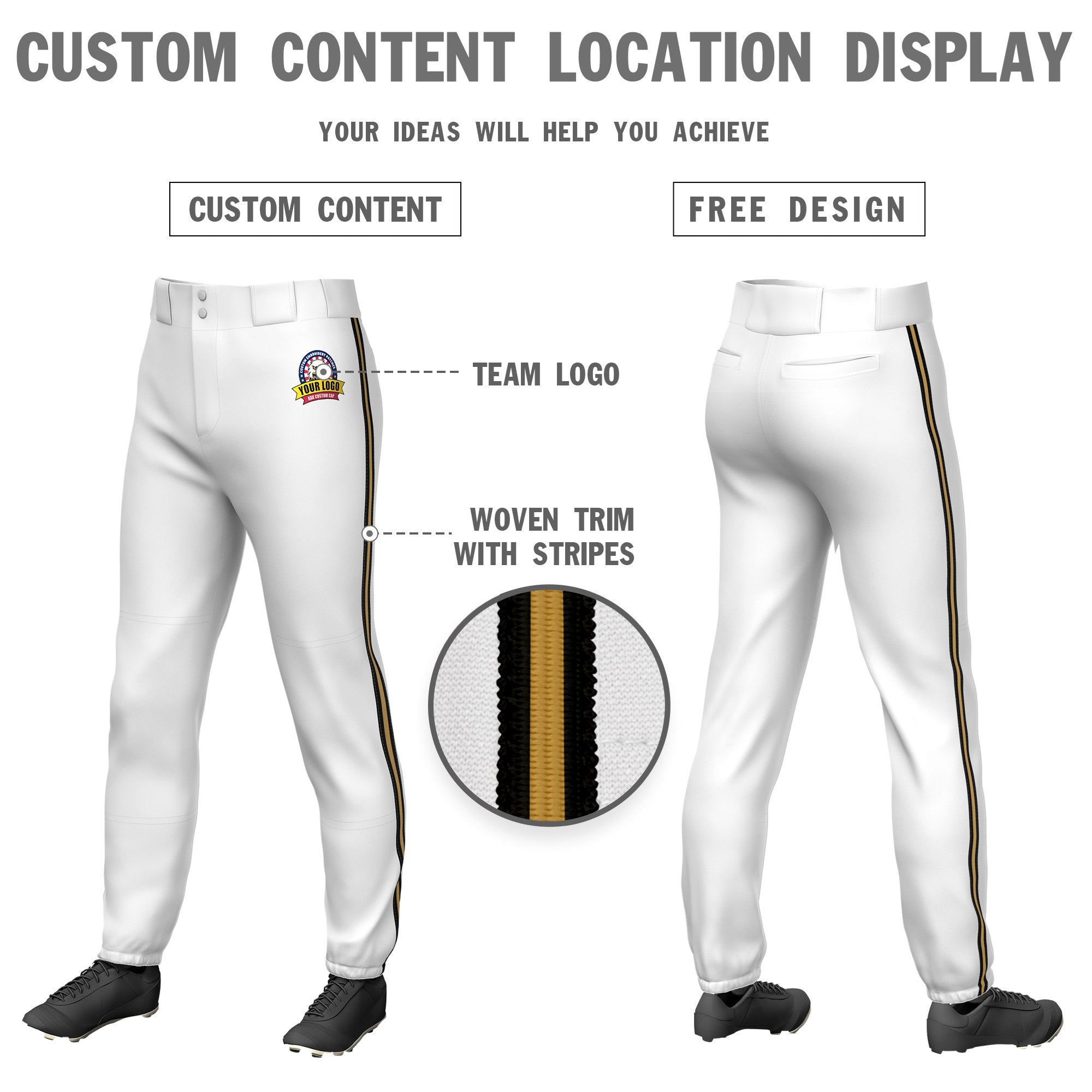 Custom White Black-Old Gold-Black Classic Fit Stretch Practice Pull-up Baseball Pants