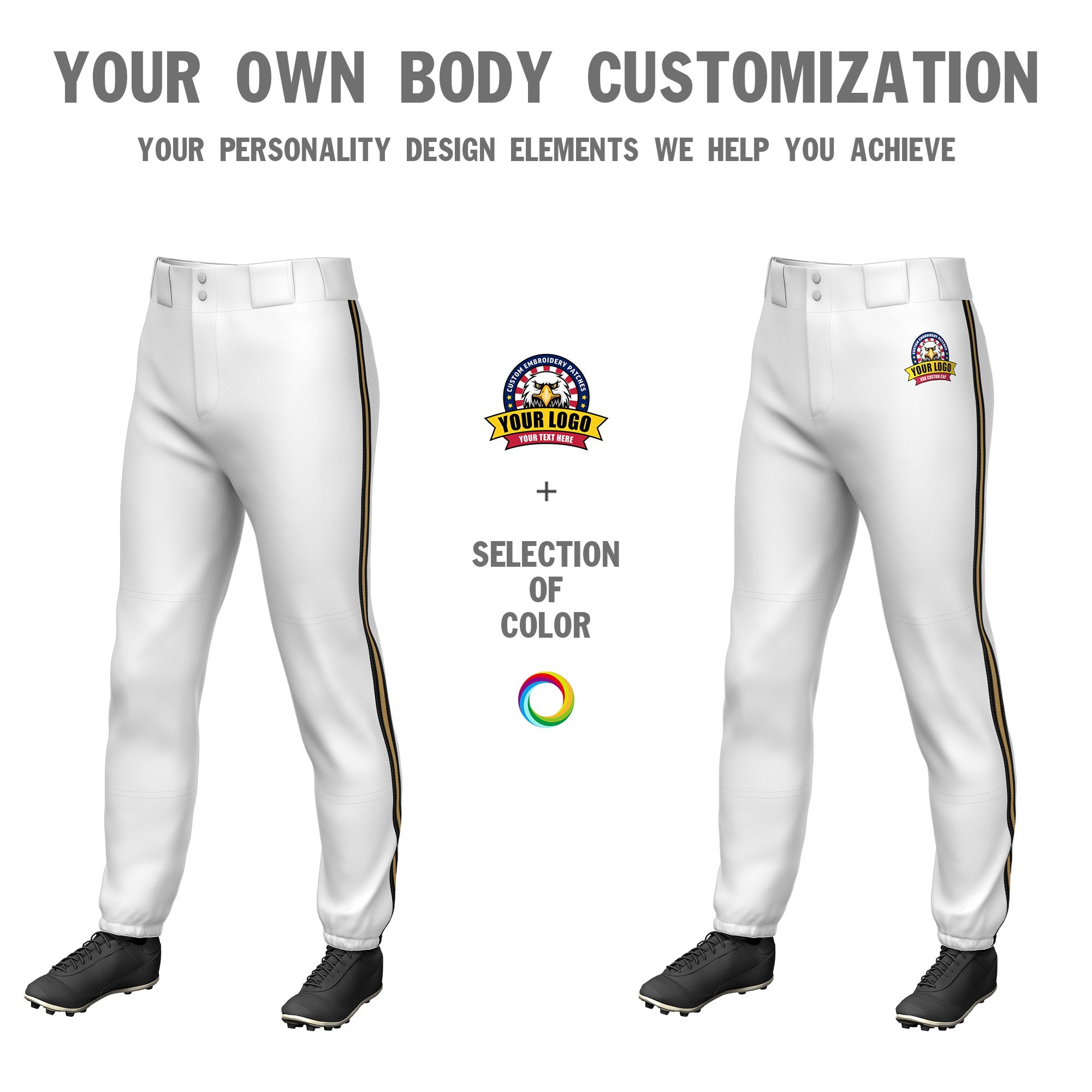 Custom White Black-Old Gold-Black Classic Fit Stretch Practice Pull-up Baseball Pants