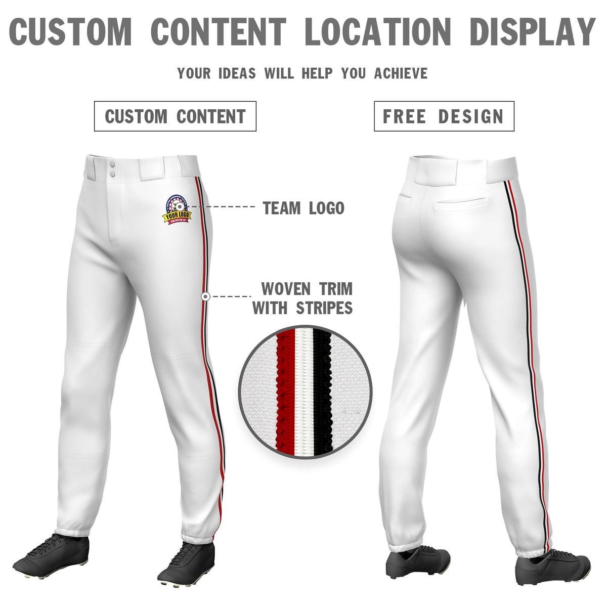 Custom White Red-White-Black Classic Fit Stretch Practice Pull-up Baseball Pants