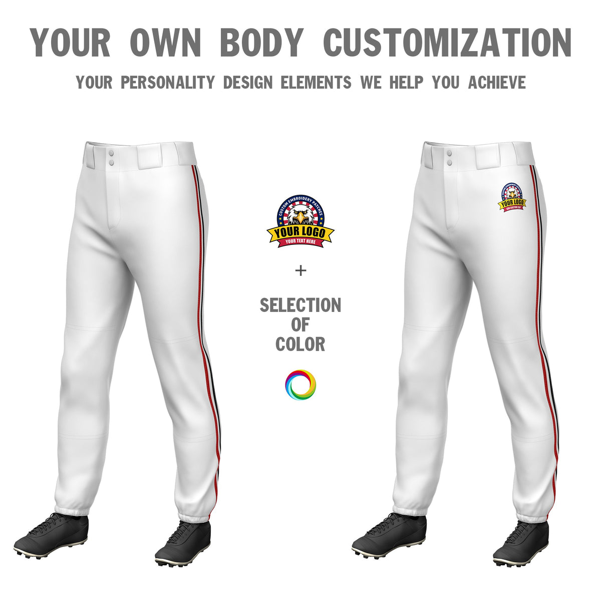 Custom White Red-White-Black Classic Fit Stretch Practice Pull-up Baseball Pants