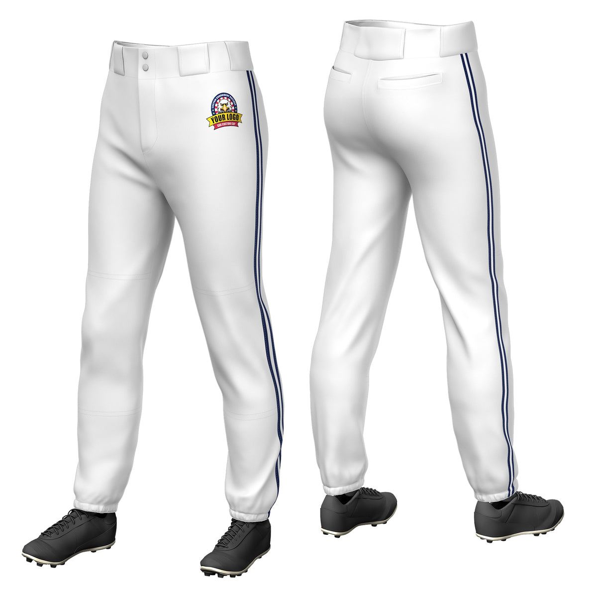 Custom White Navy-White-Navy Classic Fit Stretch Practice Pull-up Baseball Pants