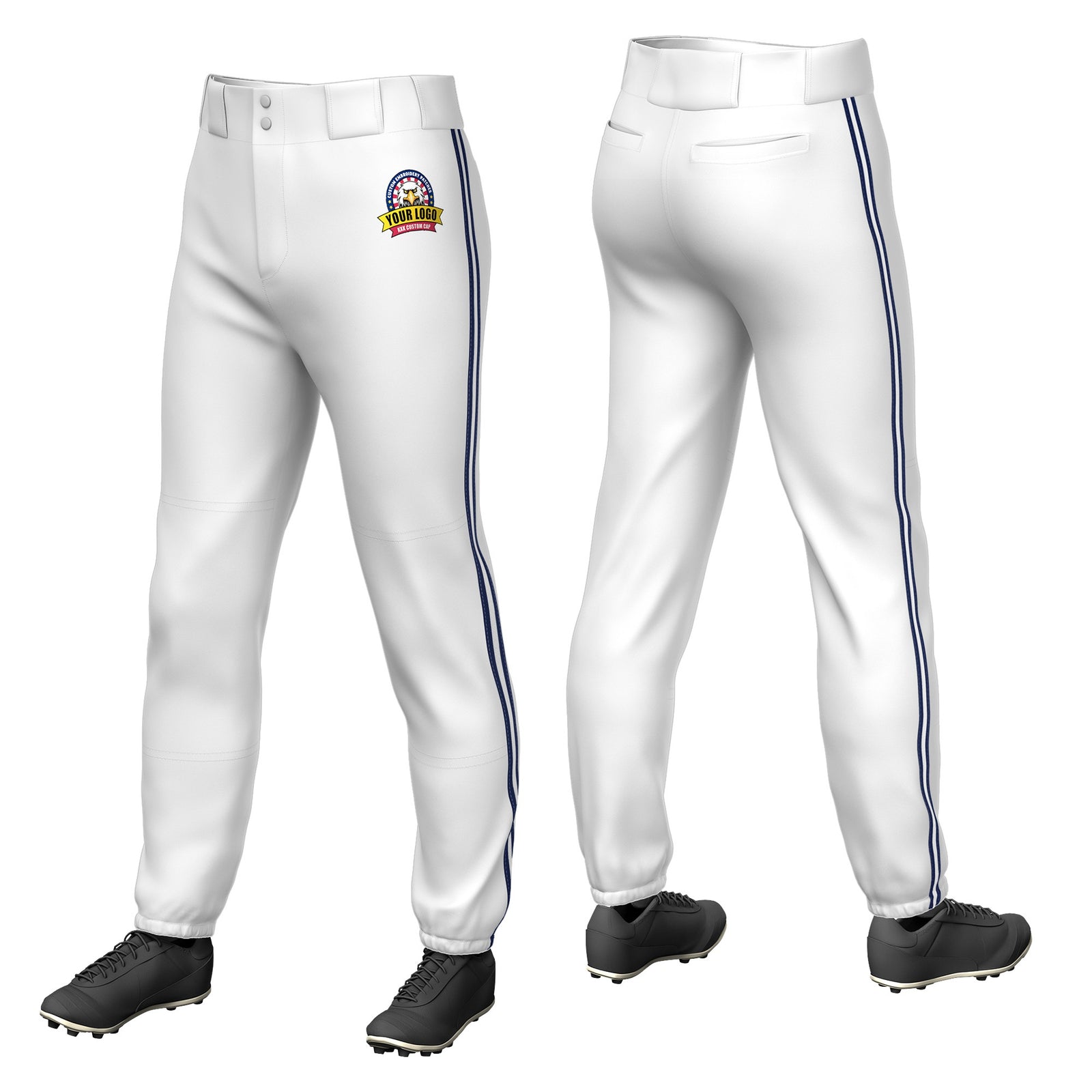 Custom White Navy-White-Navy Classic Fit Stretch Practice Pull-up Baseball Pants