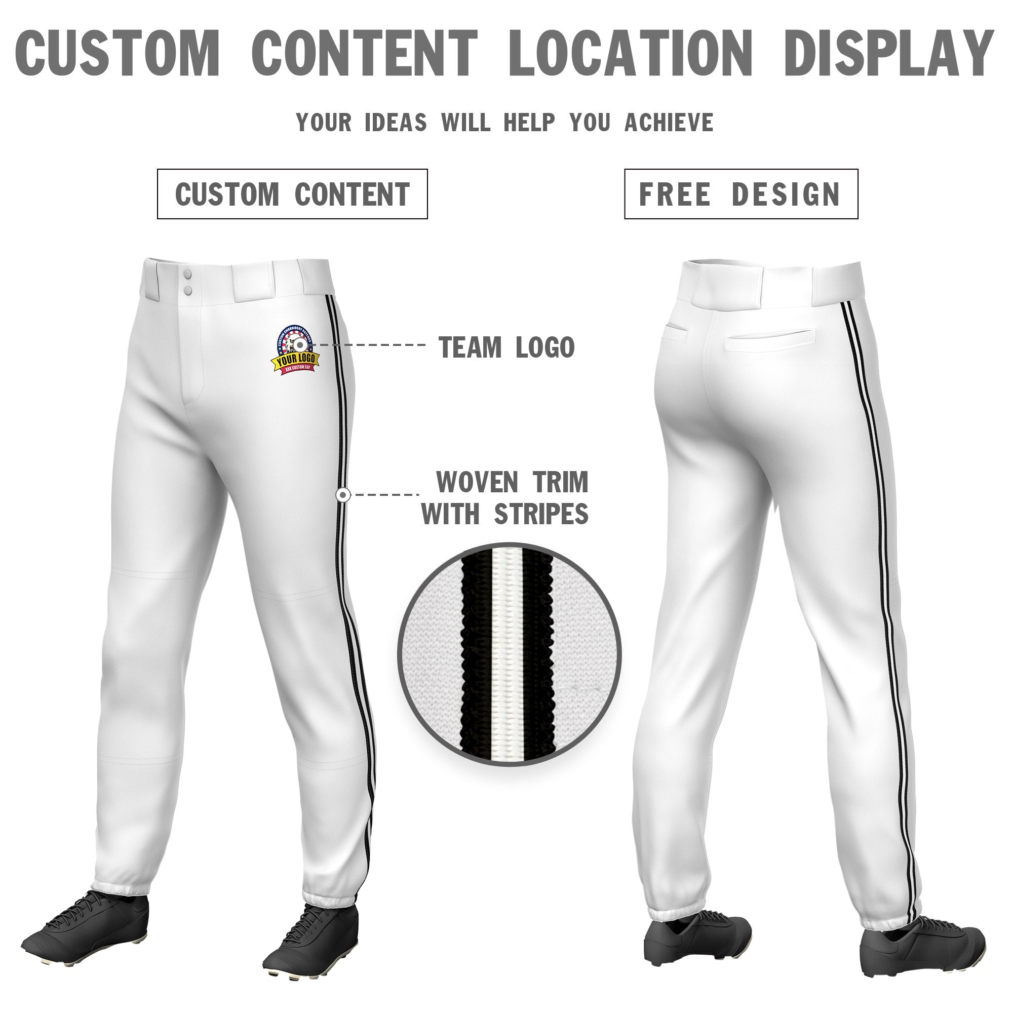 Custom White Black-White-Black Classic Fit Stretch Practice Pull-up Baseball Pants