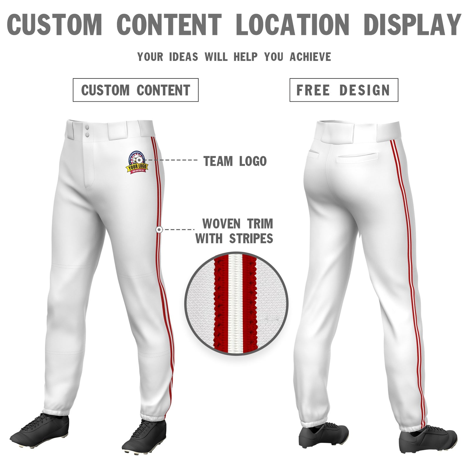 Custom White Red-White-Red Classic Fit Stretch Practice Pull-up Baseball Pants