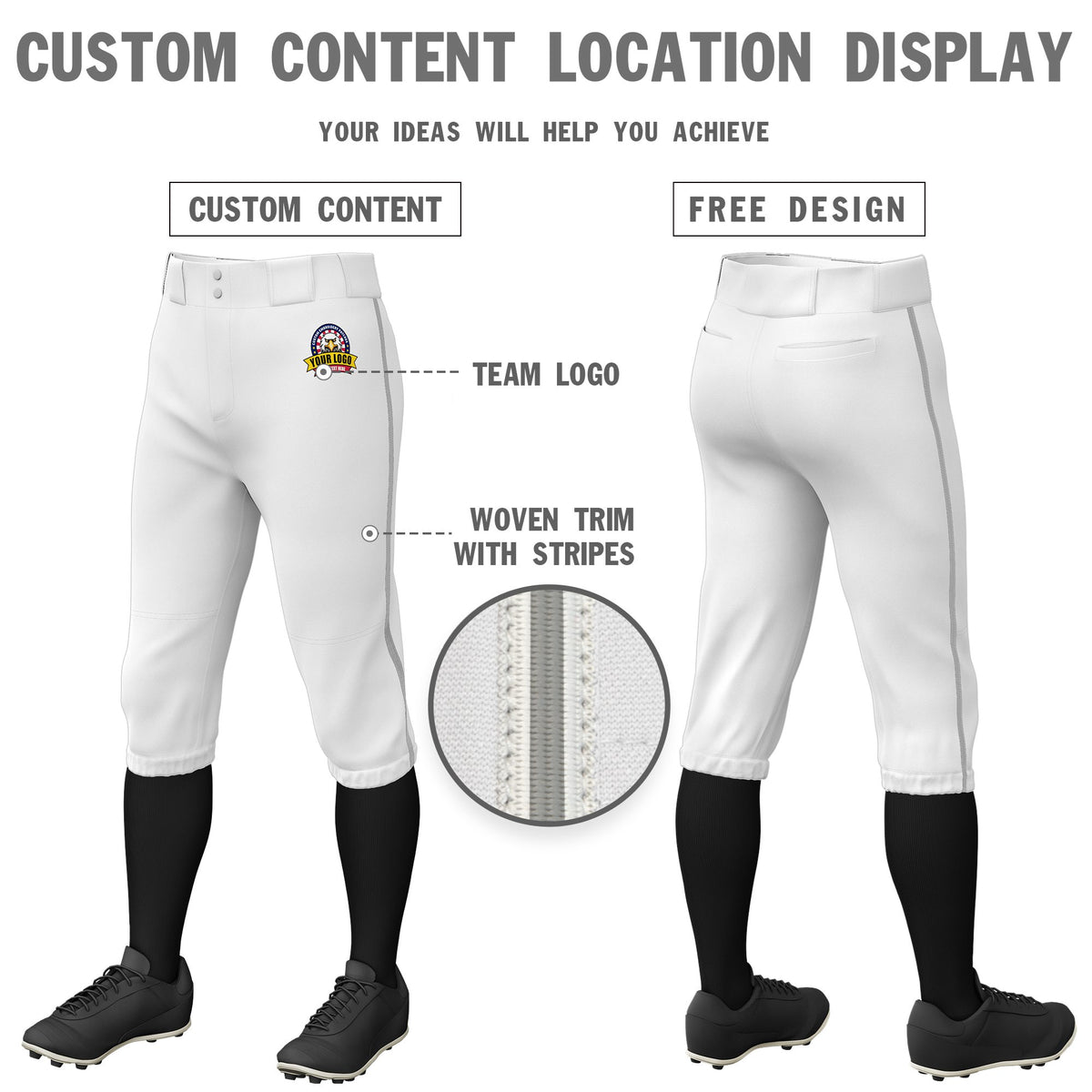 Custom White Gray White-Gray Classic Fit Stretch Practice Knickers Baseball Pants