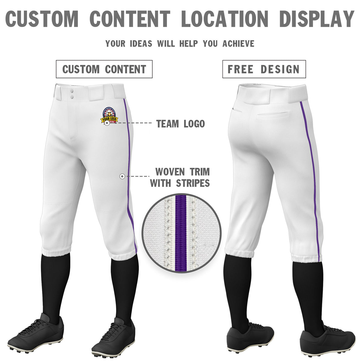 Custom White Purple White-Purple Classic Fit Stretch Practice Knickers Baseball Pants