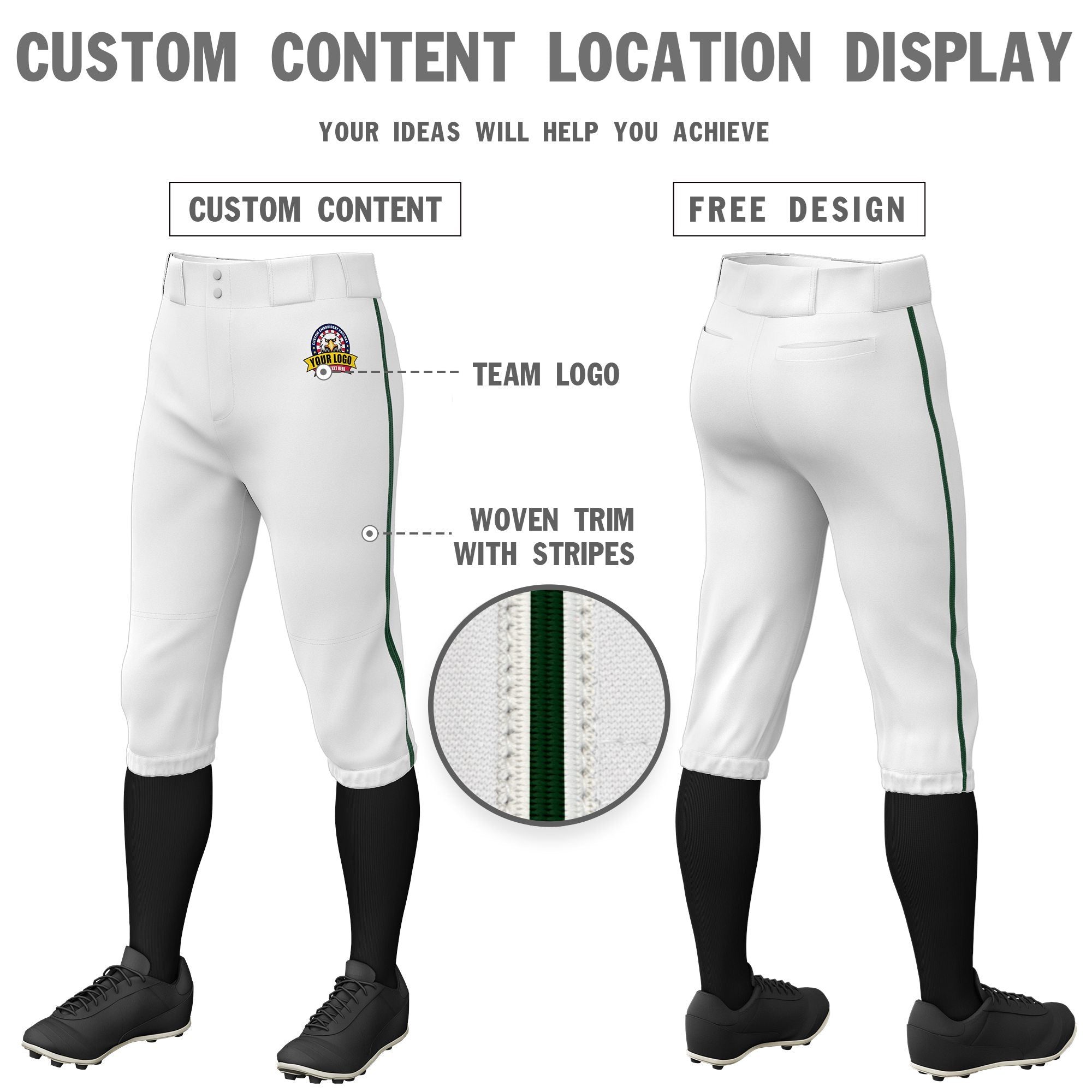 Custom White Green White-Green Classic Fit Stretch Practice Knickers Baseball Pants