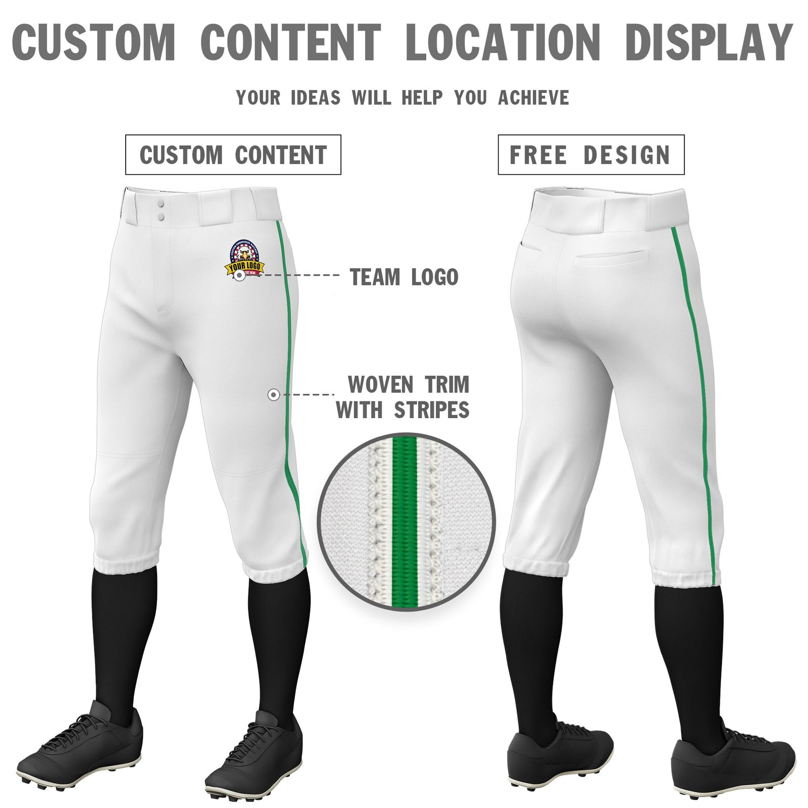 Custom White Kelly Green White-Kelly Green Classic Fit Stretch Practice Knickers Baseball Pants