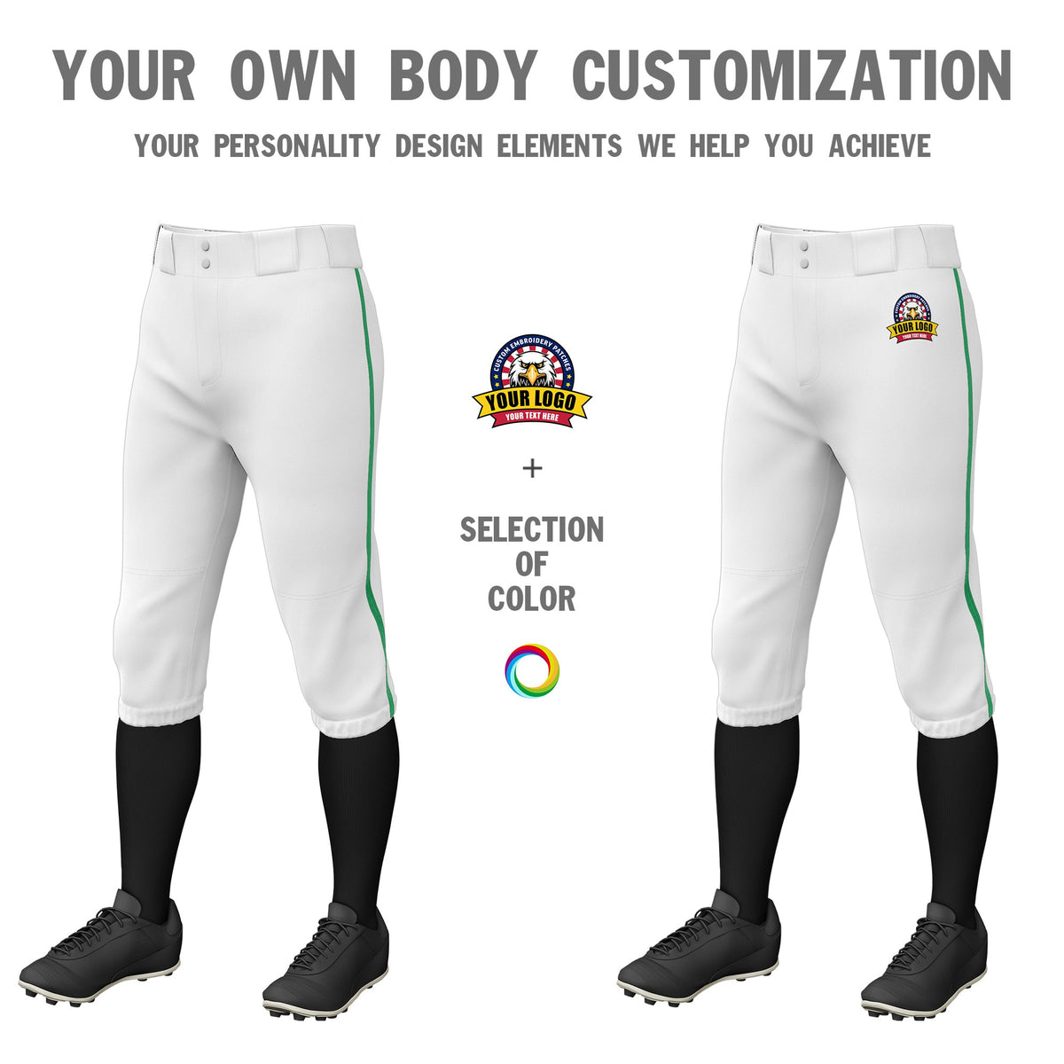 Custom White Kelly Green White-Kelly Green Classic Fit Stretch Practice Knickers Baseball Pants