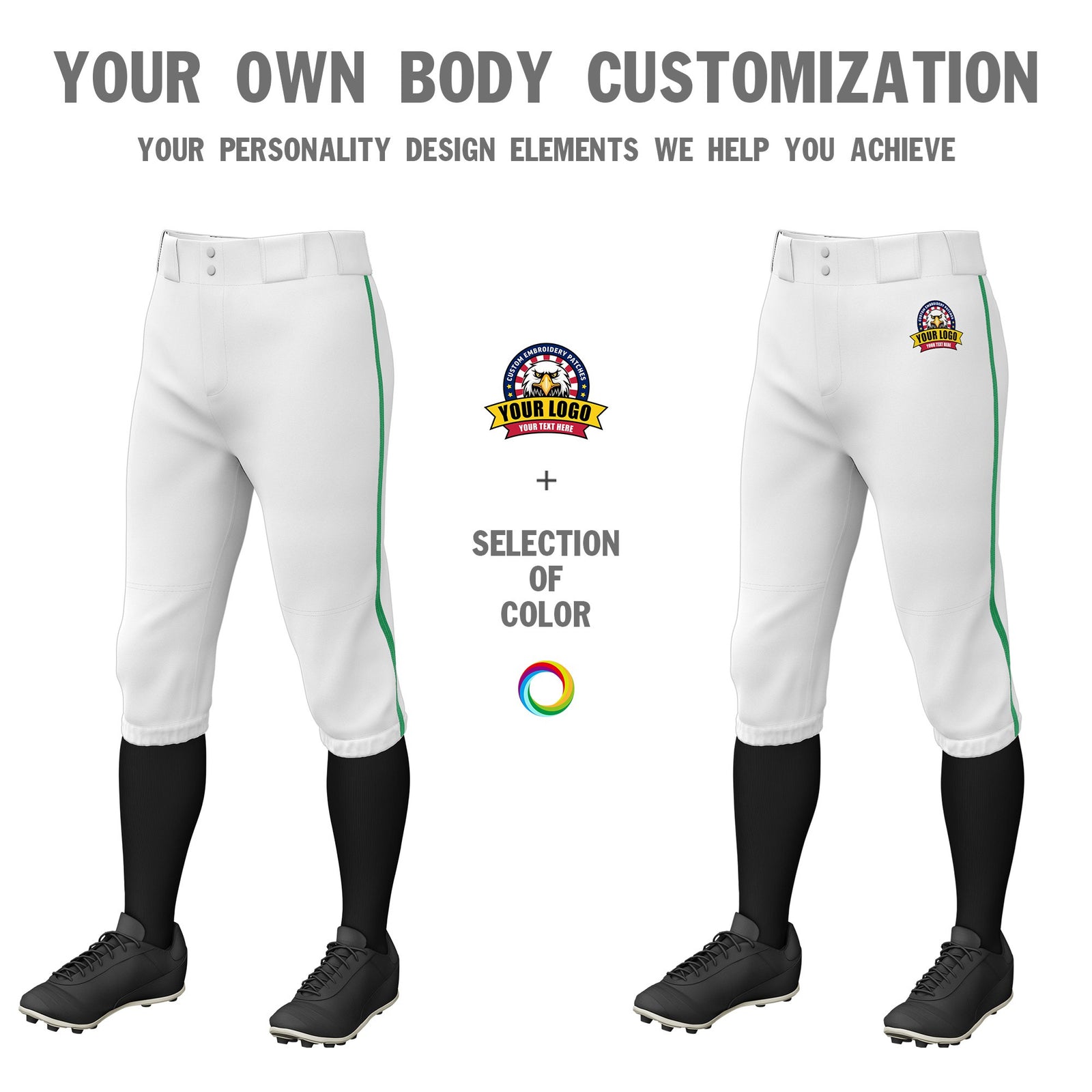 Custom White Kelly Green White-Kelly Green Classic Fit Stretch Practice Knickers Baseball Pants
