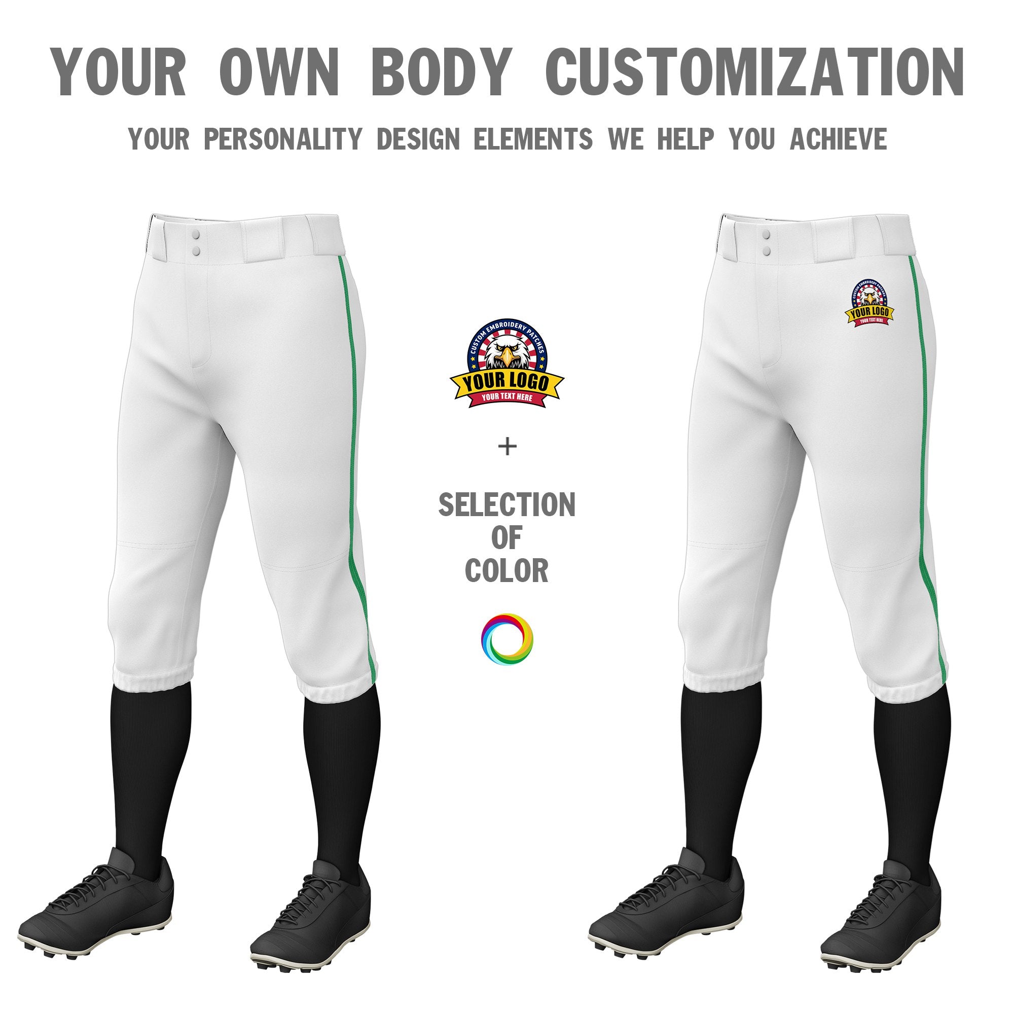 Custom White Kelly Green White-Kelly Green Classic Fit Stretch Practice Knickers Baseball Pants