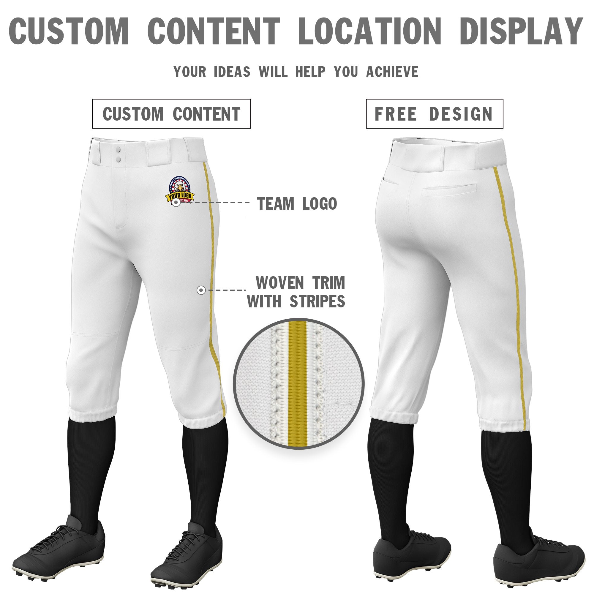 Custom White Old Gold White-Old Gold Classic Fit Stretch Practice Knickers Baseball Pants