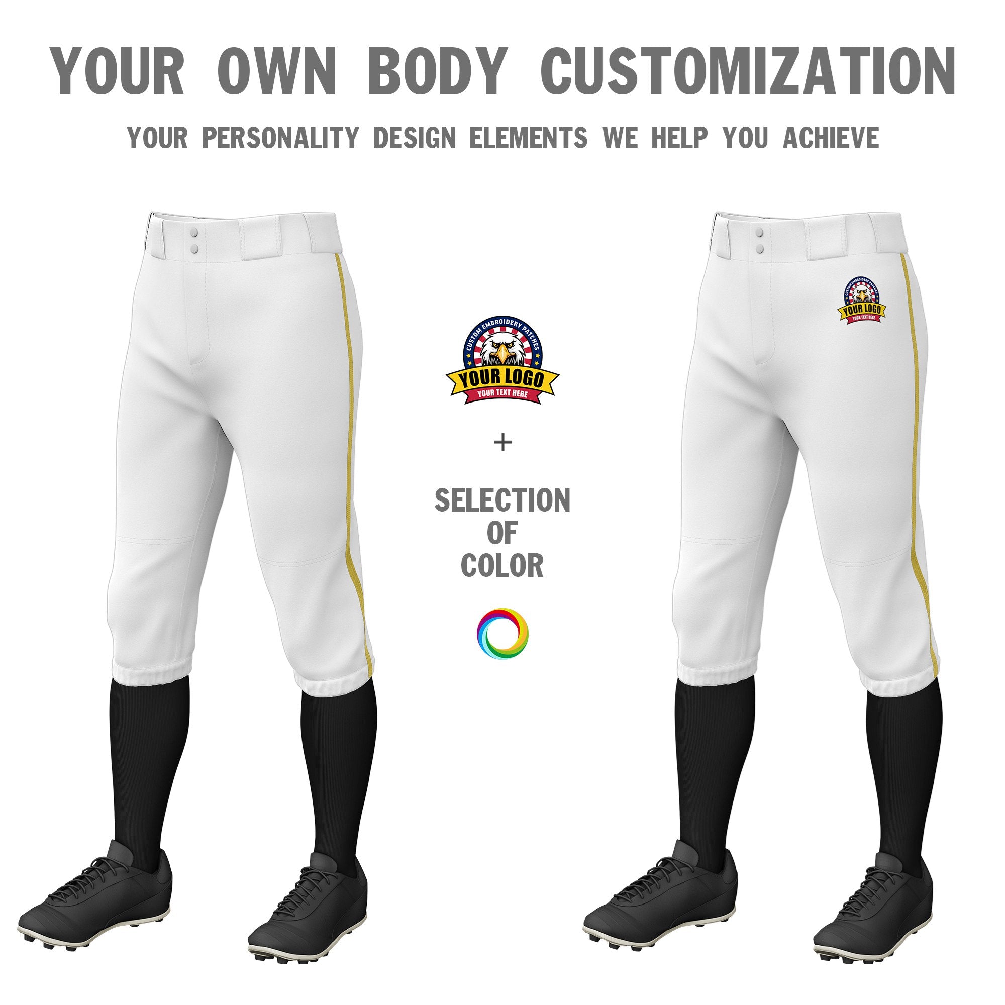 Custom White Old Gold White-Old Gold Classic Fit Stretch Practice Knickers Baseball Pants