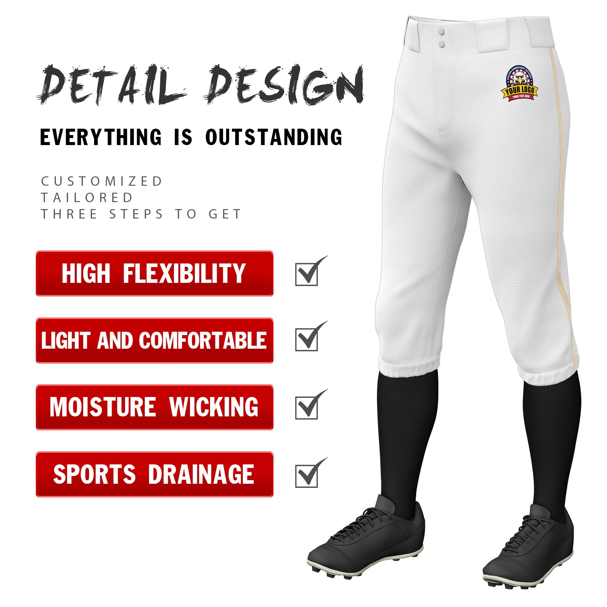 Custom White Khaki White-Khaki Classic Fit Stretch Practice Knickers Baseball Pants