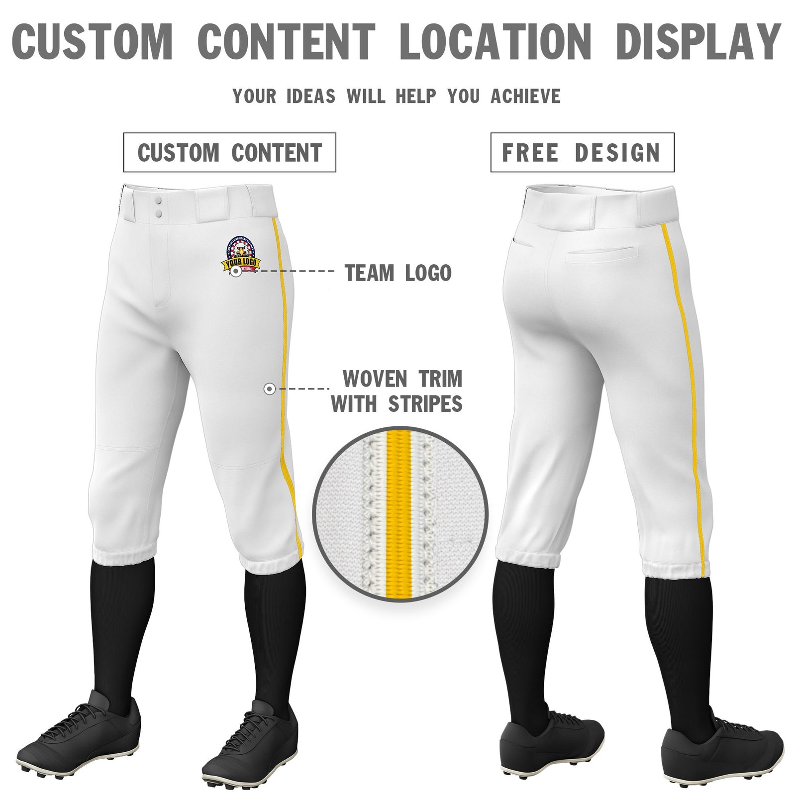 Custom White Gold01 White-Gold01 Classic Fit Stretch Practice Knickers Baseball Pants