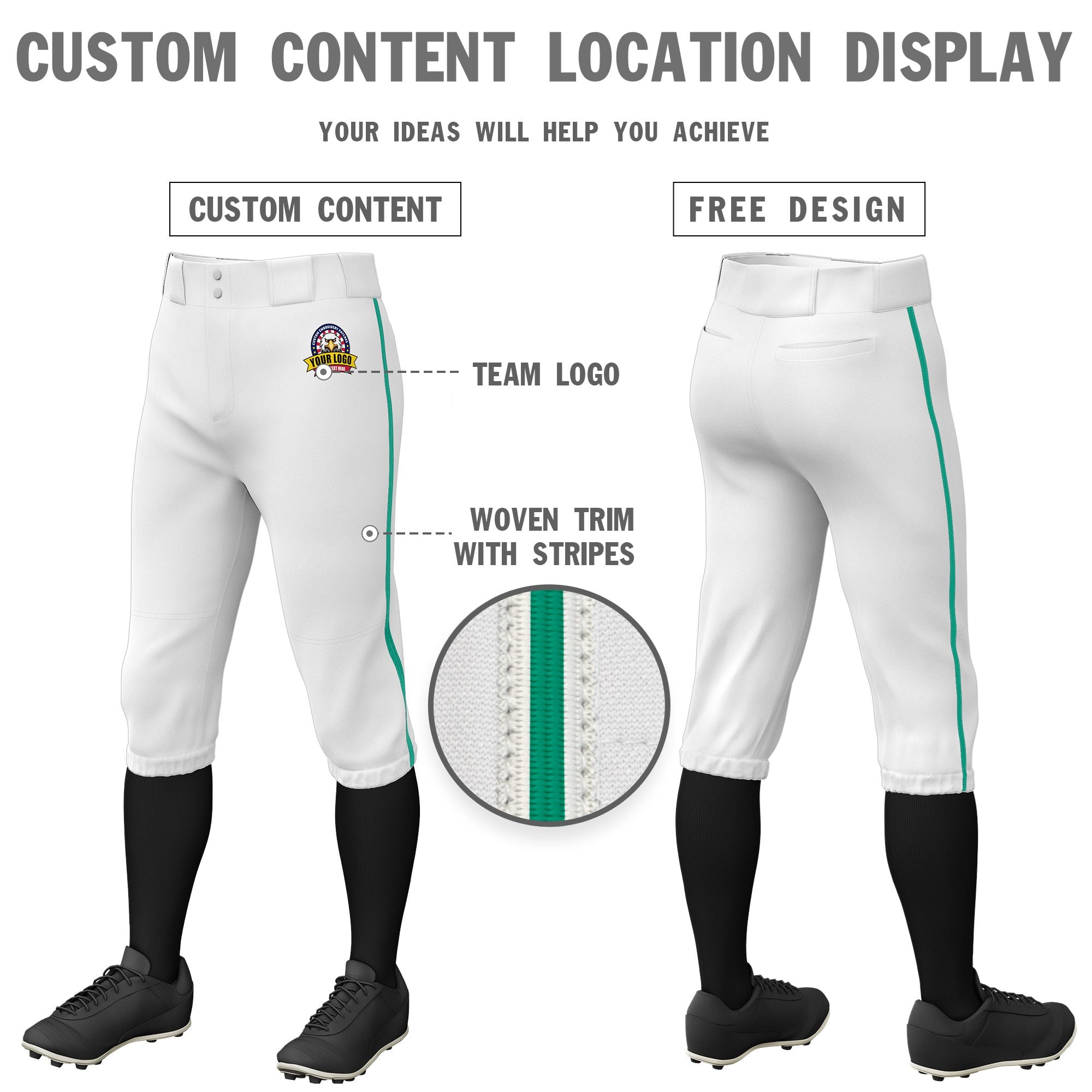 Custom White Teal White-Teal Classic Fit Stretch Practice Knickers Baseball Pants