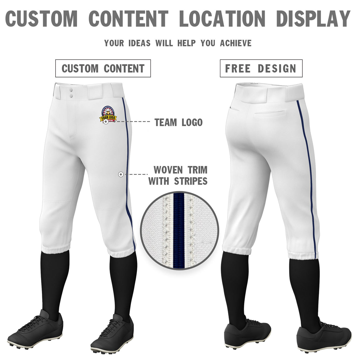 Custom White Navy White-Navy Piping Classic Fit Stretch Practice Knickers Baseball Pants