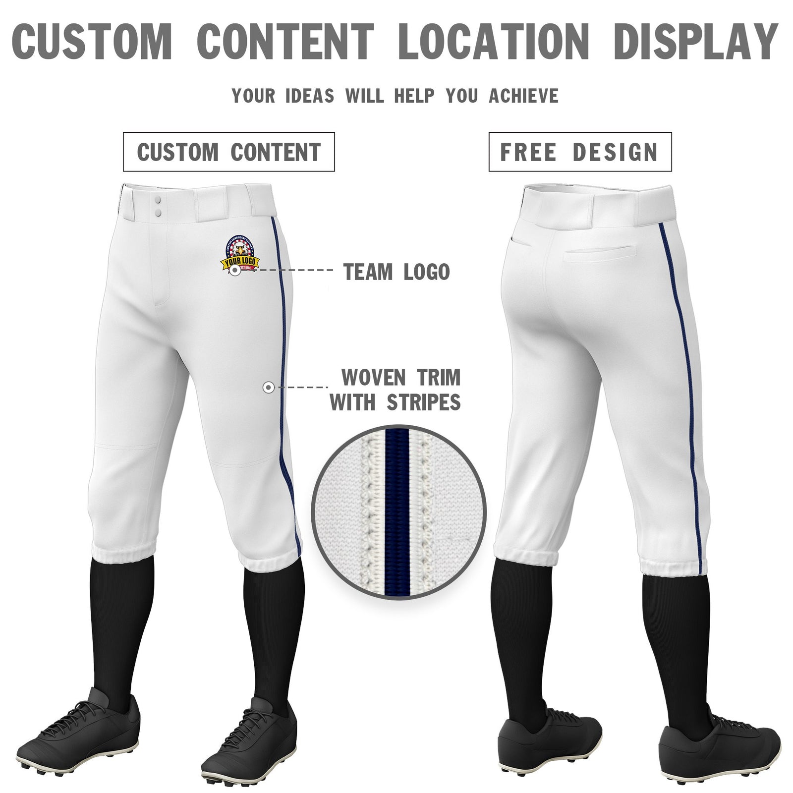 Custom White Navy White-Navy Piping Classic Fit Stretch Practice Knickers Baseball Pants