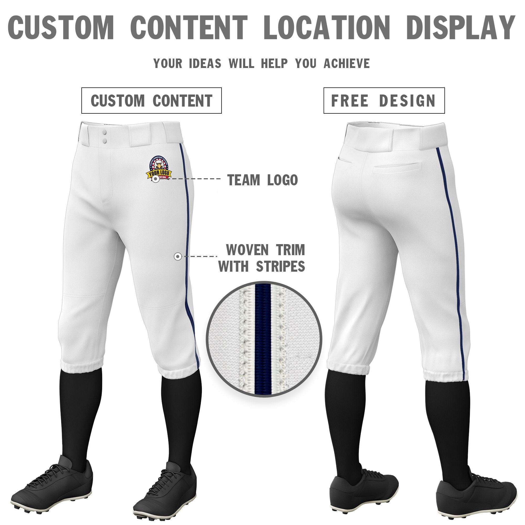 Custom White Navy White-Navy Classic Fit Stretch Practice Knickers Baseball Pants