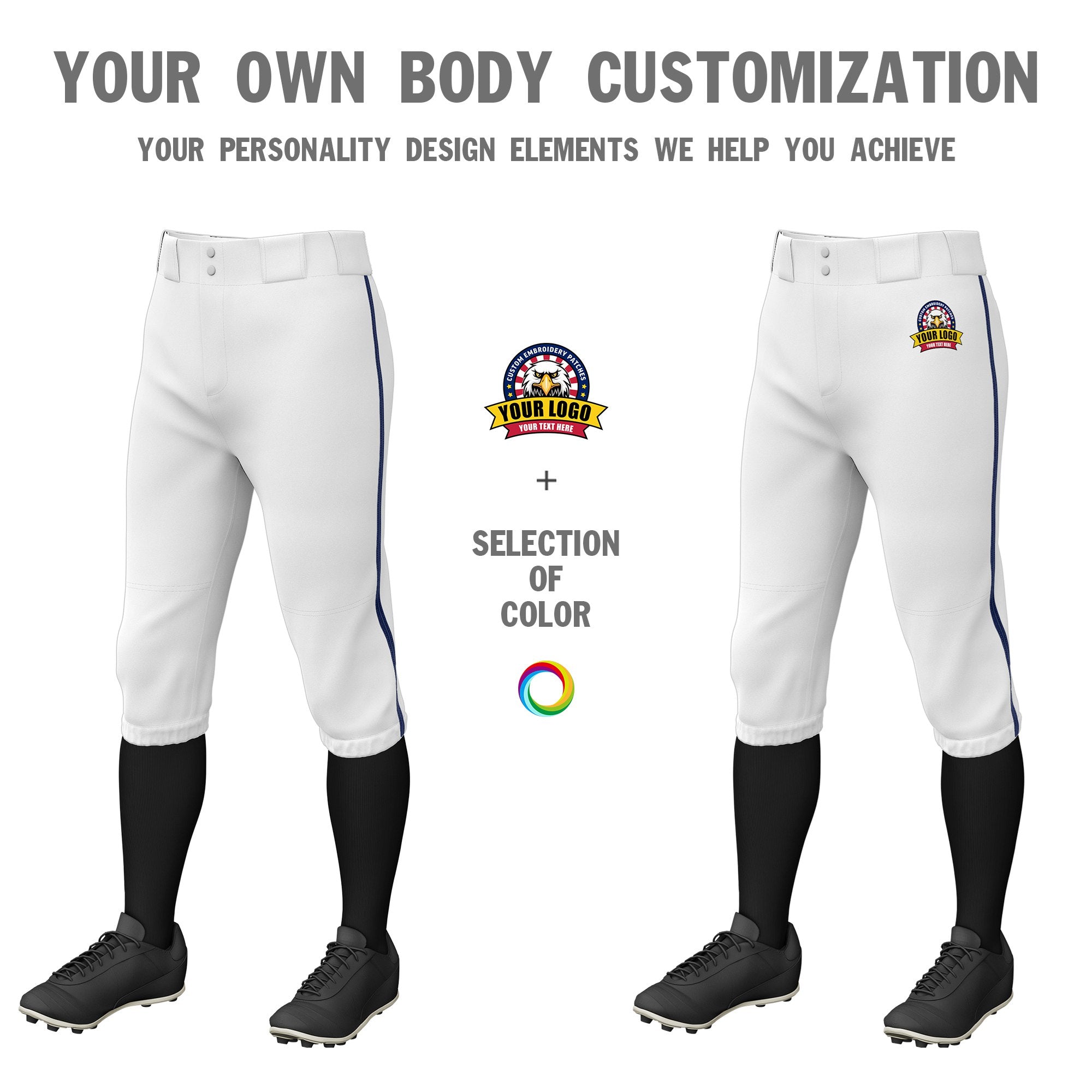 Custom White Navy White-Navy Classic Fit Stretch Practice Knickers Baseball Pants