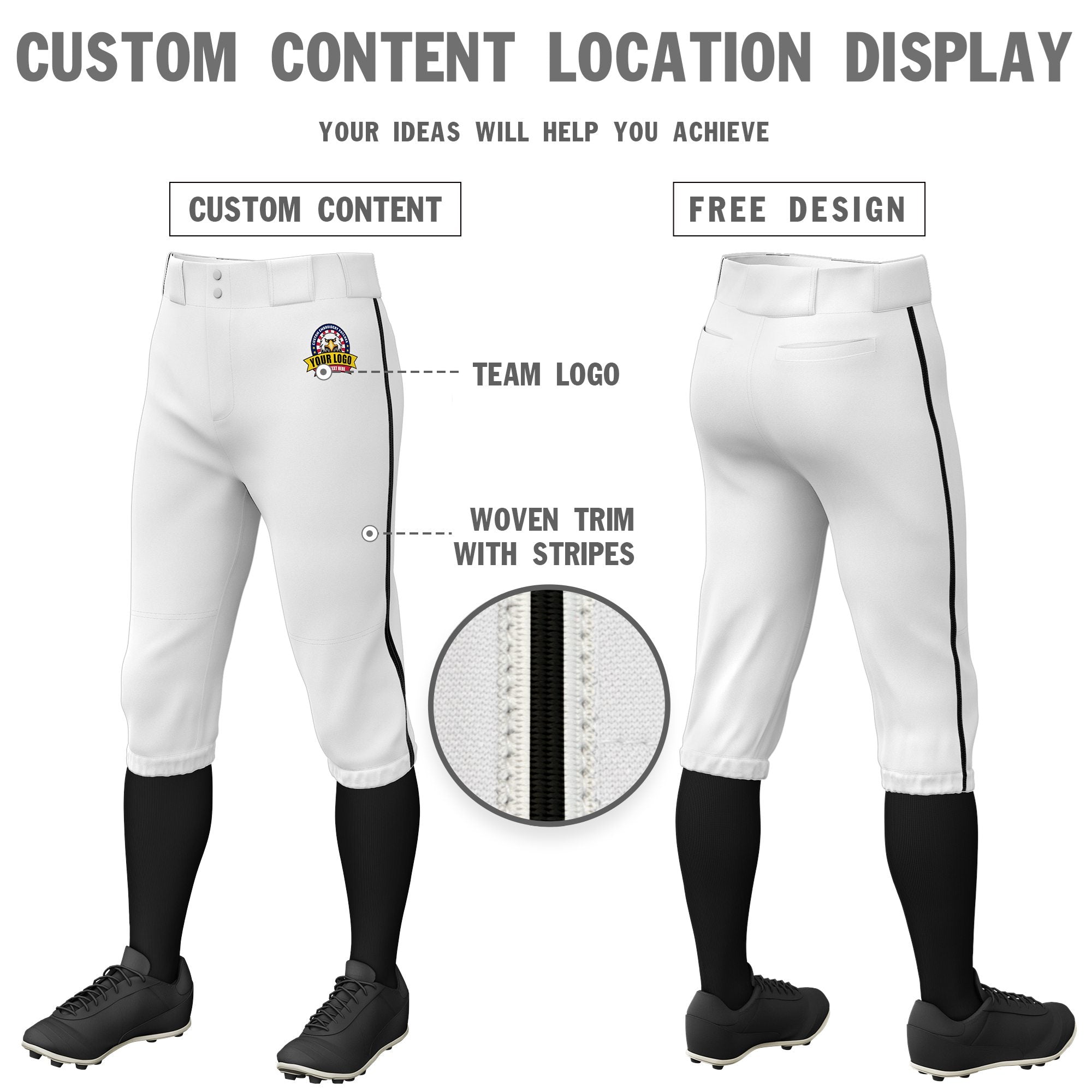 Custom White Black White-Black Classic Fit Stretch Practice Knickers Baseball Pants