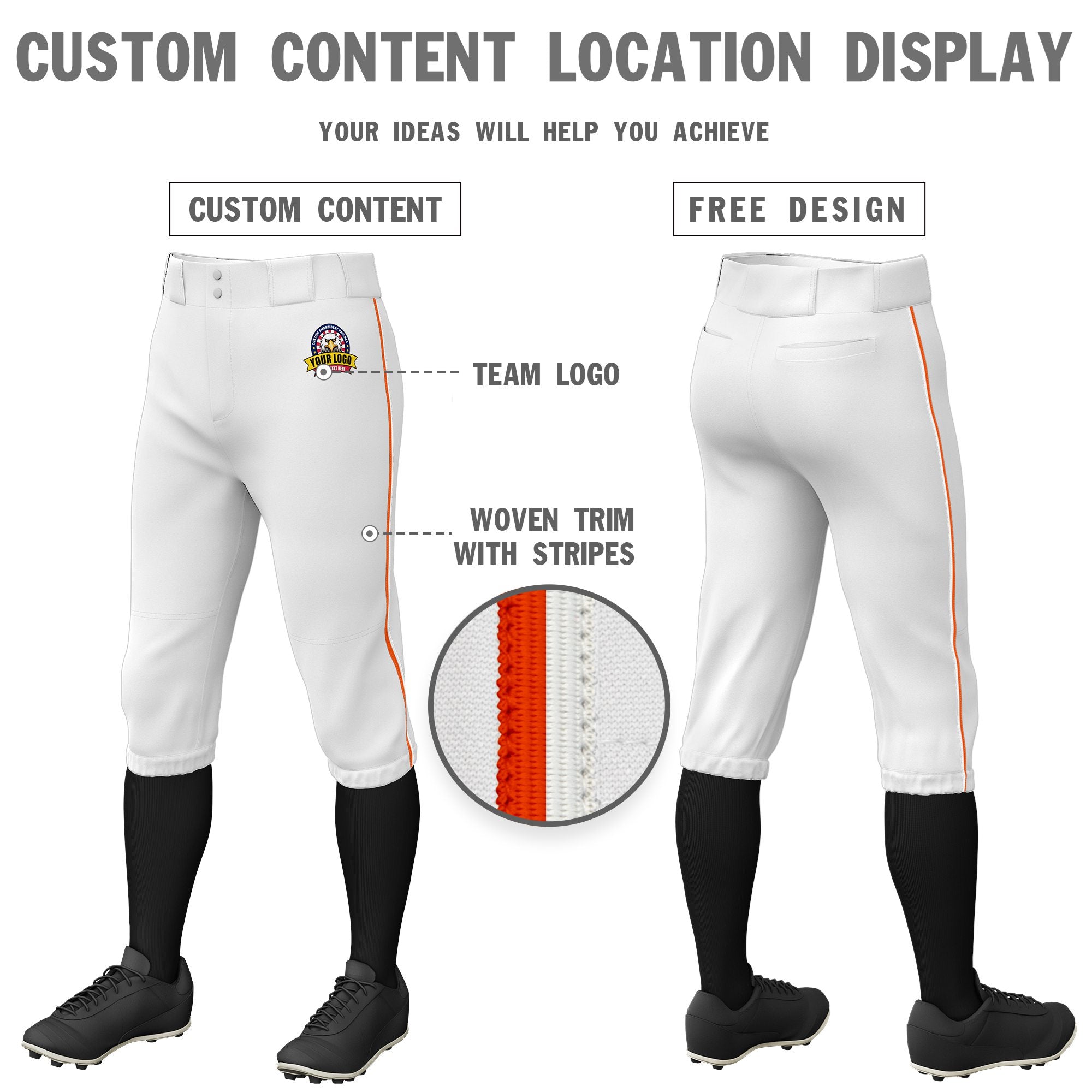 Custom White Orange-White Classic Fit Stretch Practice Knickers Baseball Pants