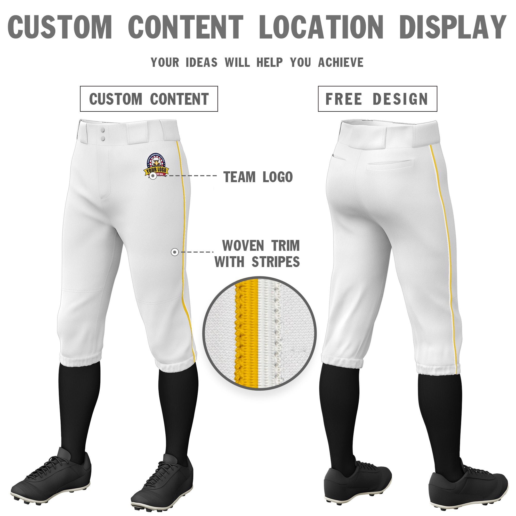 Custom White Gold01-White Classic Fit Stretch Practice Knickers Baseball Pants