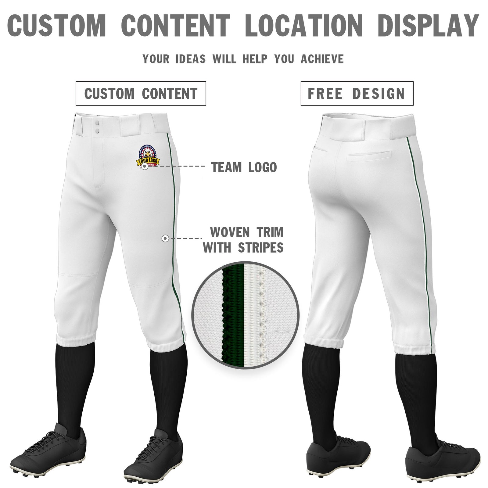 Custom White Green-White Classic Fit Stretch Practice Knickers Baseball Pants